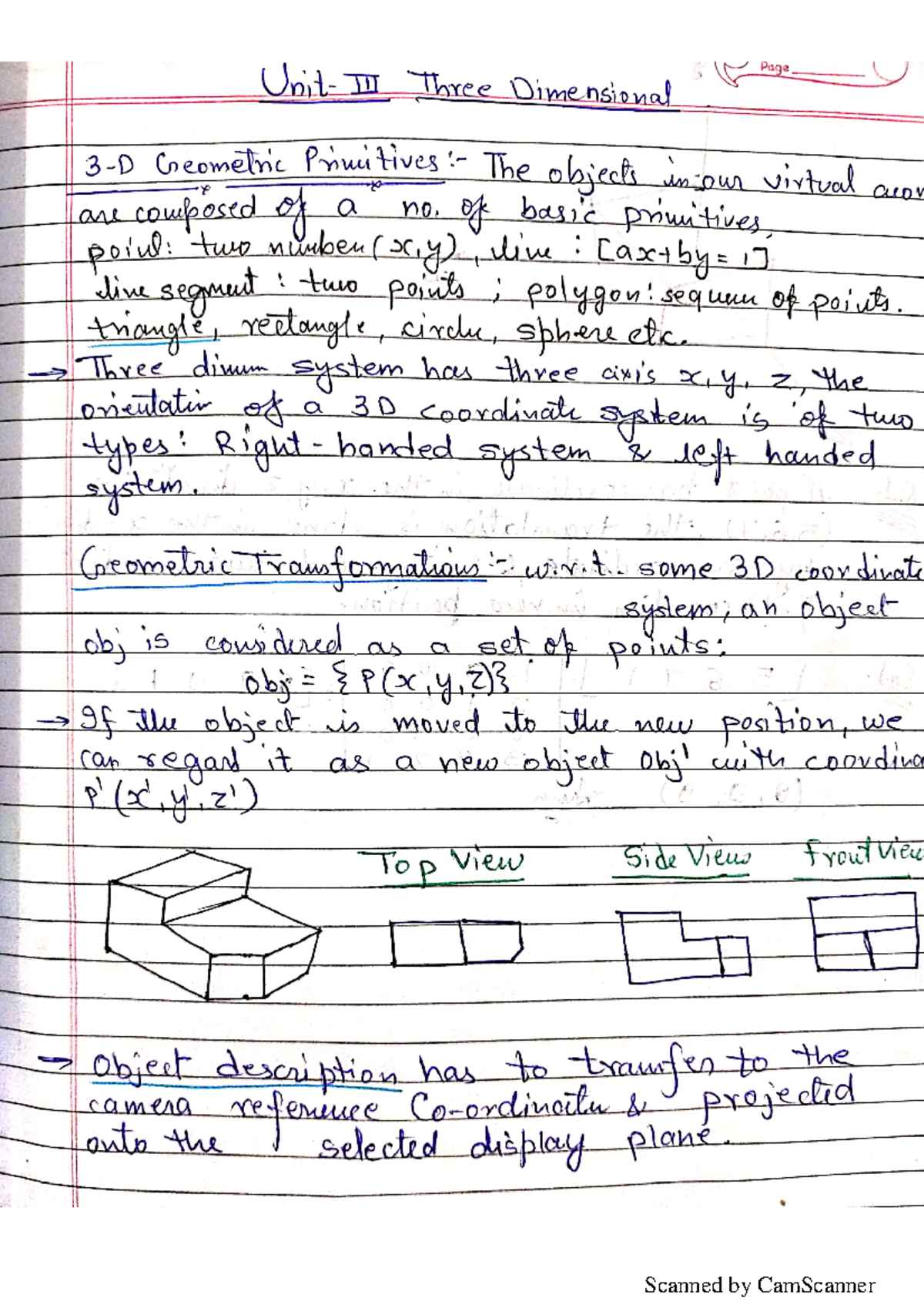 Computer Graphics CG400 Unit IV: 3D Geometric Primitives and ...