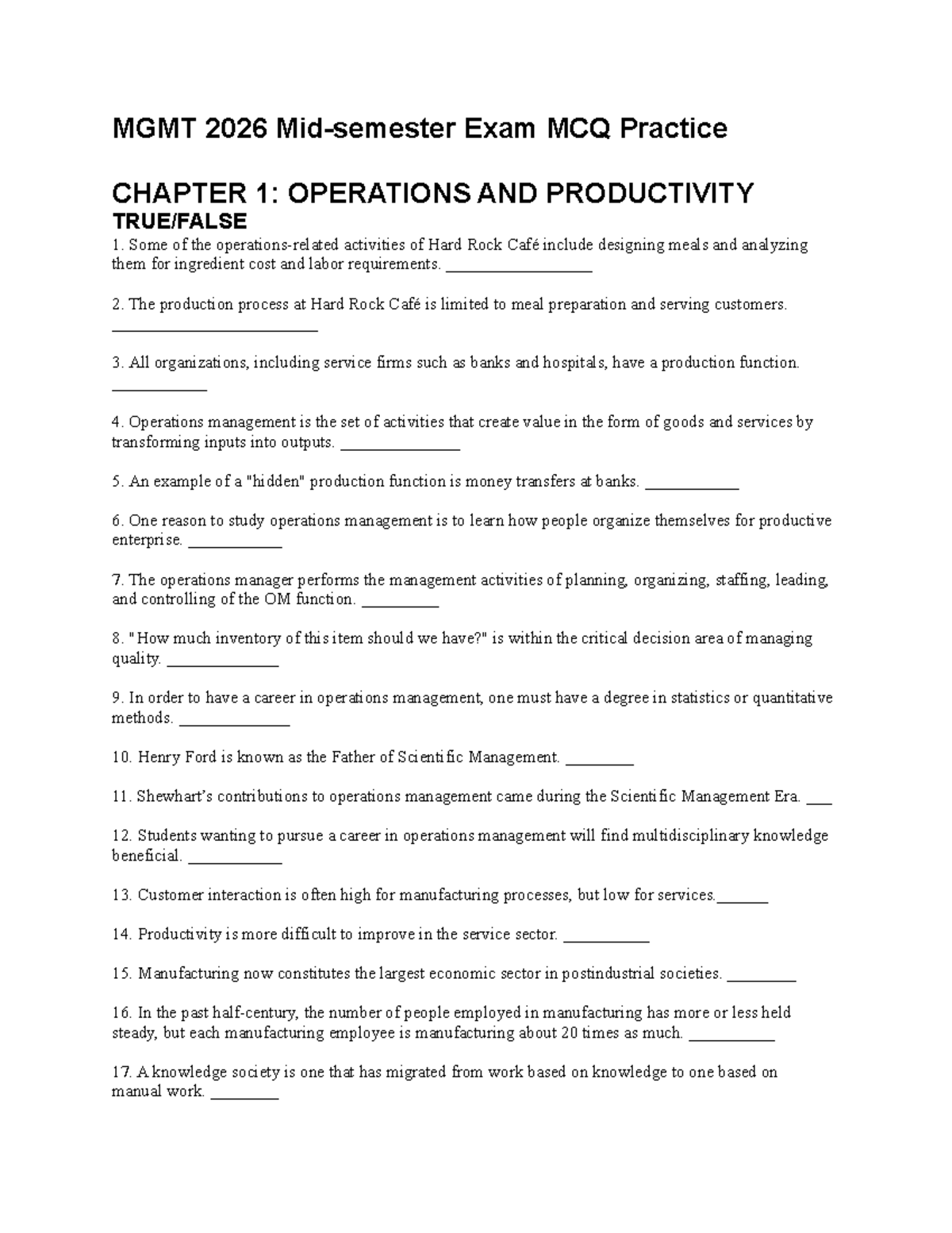 MGMT 2026 Mid-semester Exam MCQ Practice and Answers 2019 - Studocu