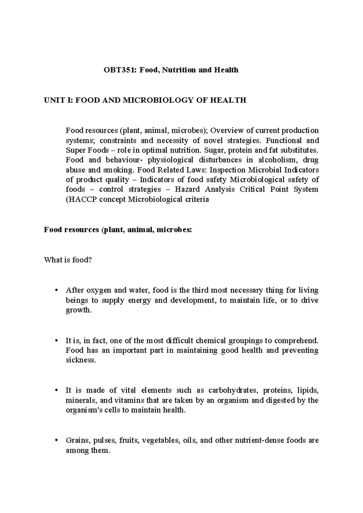 OBT351: Food, Nutrition and Health - Unit I Lecture Notes on ...