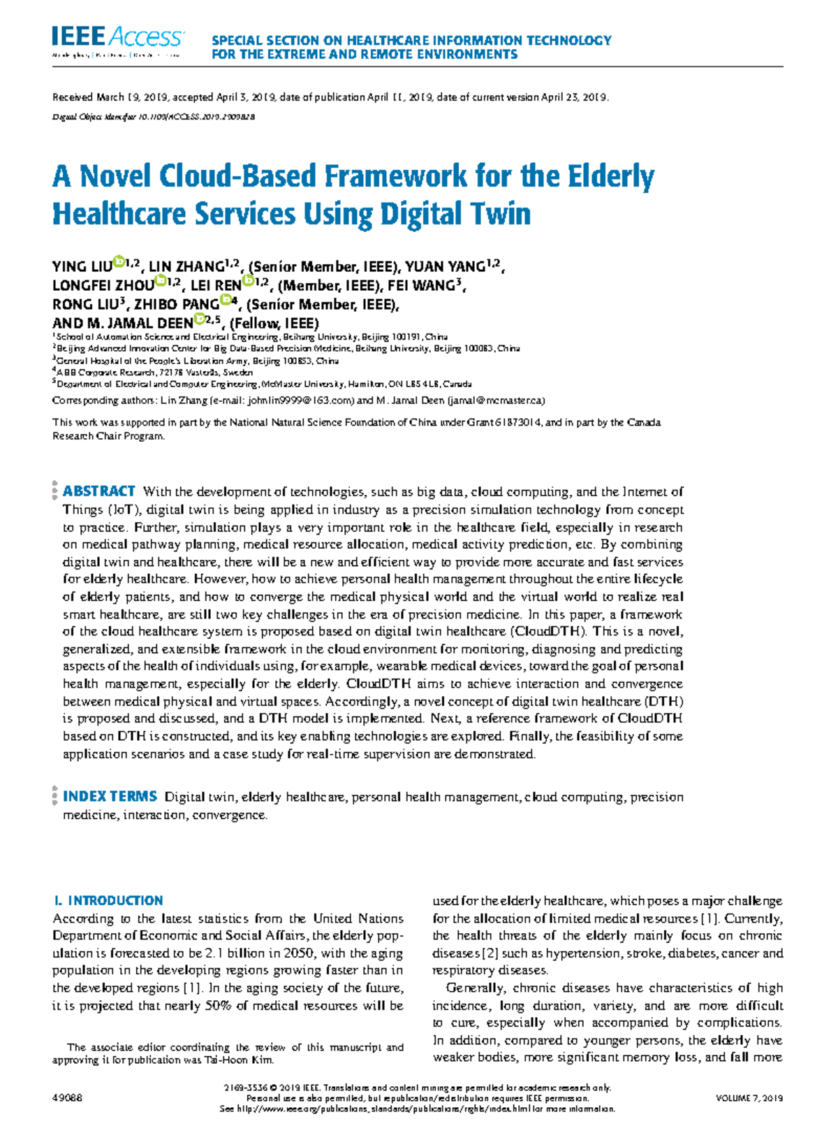 A Novel Cloud-Based Framework for the Elderly Healthcare Services Using ...