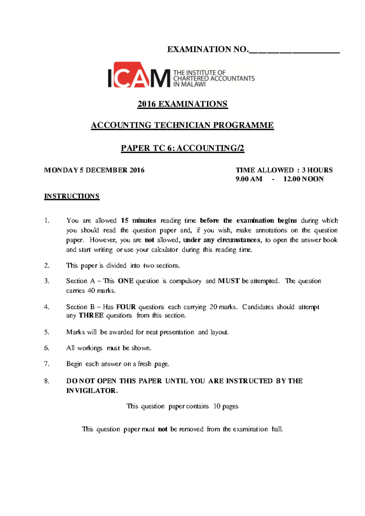 TC6: Accounting Technician Programme Past Exam Paper 2016 - Studocu