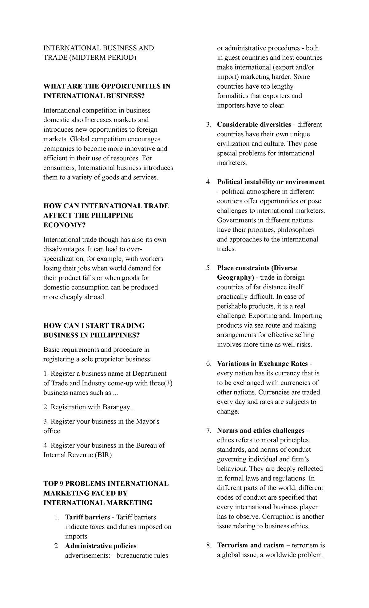 IBT 101: Midterm Study Guide on International Business Opportunities ...