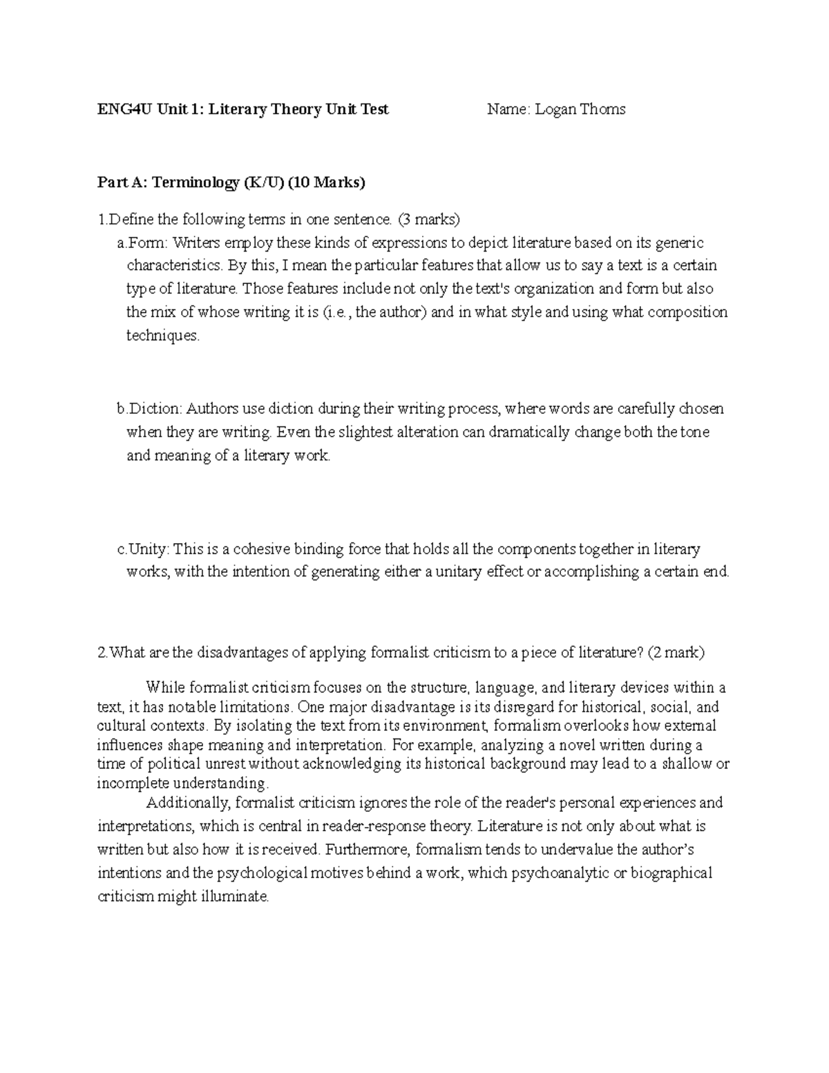 ENG4U Unit 1: Literary Theory Test Revision Notes - March 2023 - Studocu