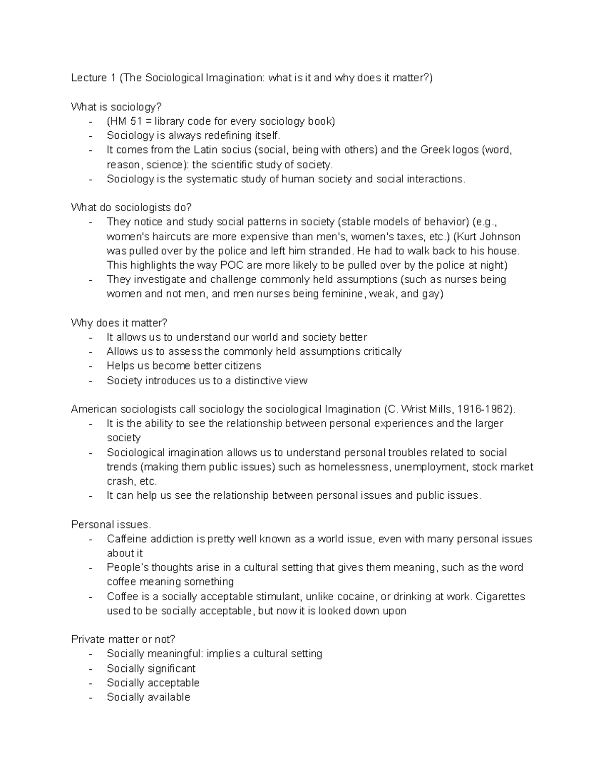 Sociology Notes - Lecture 1 (The Sociological Imagination: what is it ...