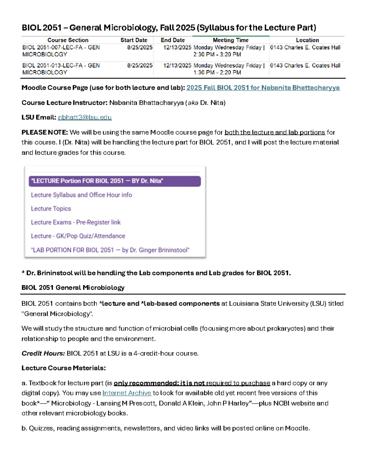 BIOL 2051 General Microbiology Lecture Syllabus - Fall 2025 - Studocu