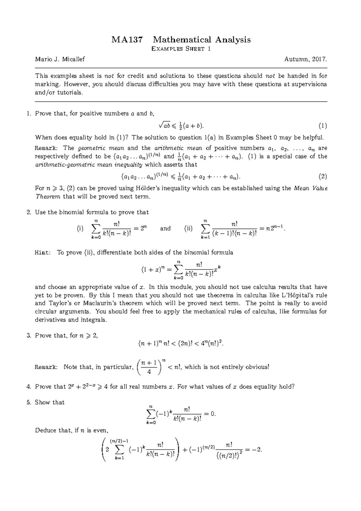 MA137 Mathematical Analysis Examples Sheet 1 - Autumn 2017 - Studocu
