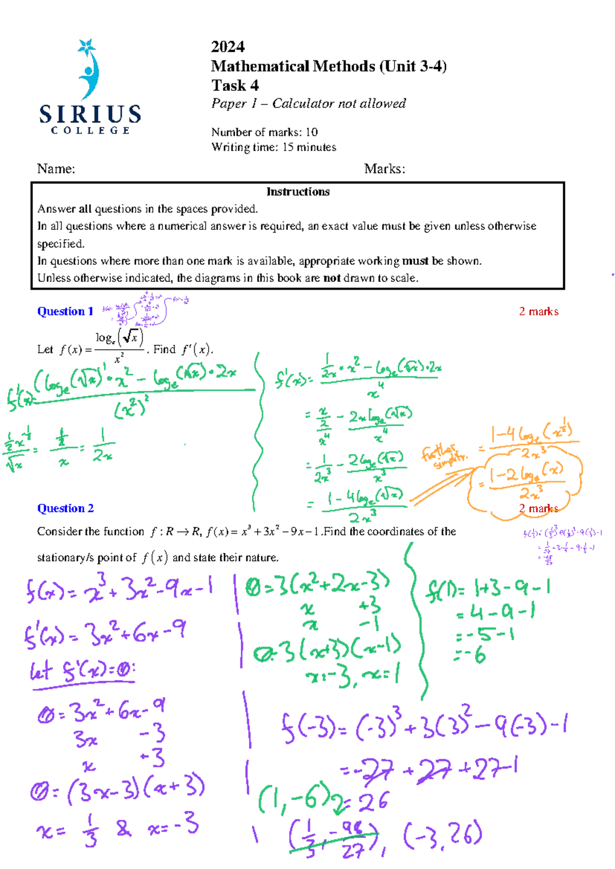 2024 MMU34 Mathematical Methods Unit Task 4 Exam Paper (Calculator Not ...