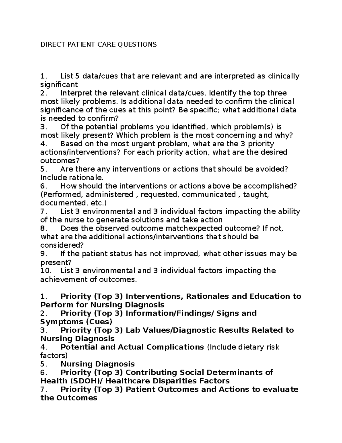 Direct Patient CARE Questions - DIRECT PATIENT CARE QUESTIONS List 5 ...