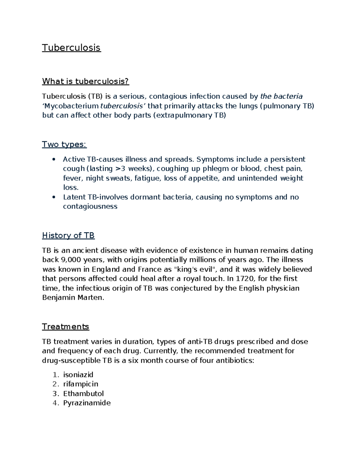 TB Overview: Understanding Tuberculosis, Symptoms, and Treatments - Studocu