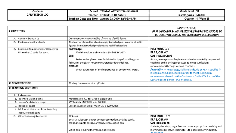 COT-DLP-Math-Grade 6: Volume of Cylinders Lesson Plan - Studocu