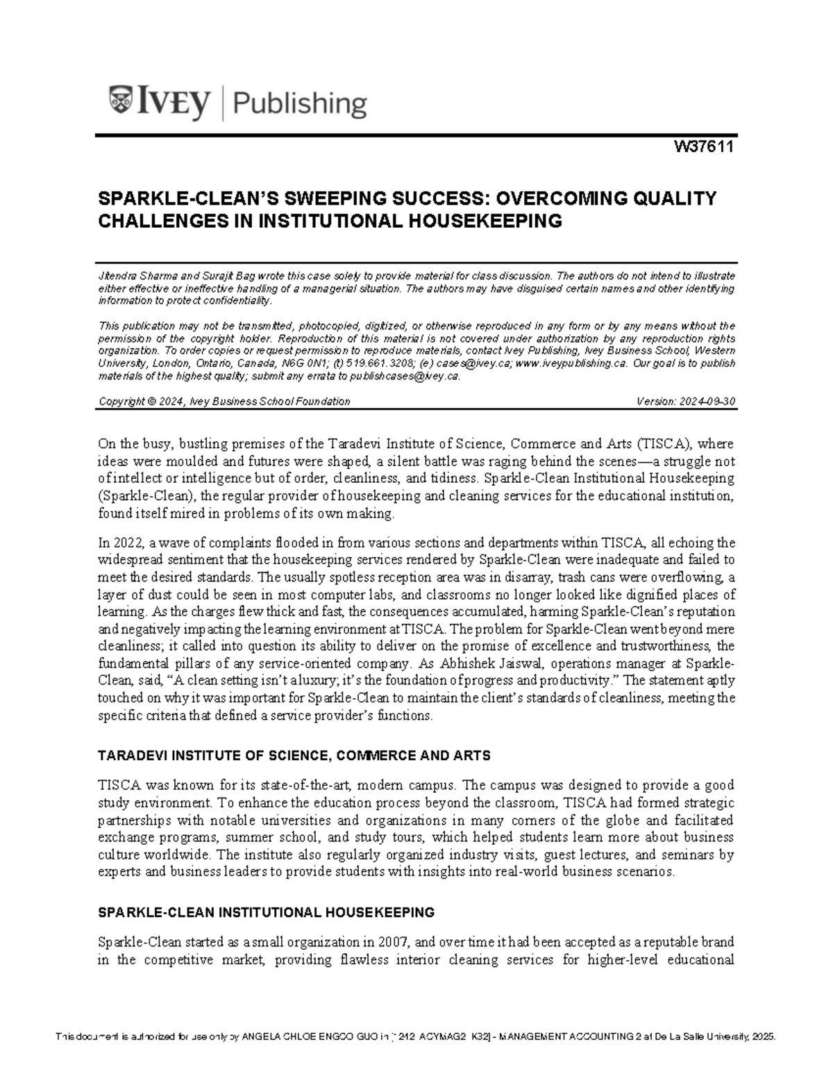 W37611 Case Study: SparkleClean's Quality Challenges in Housekeeping ...