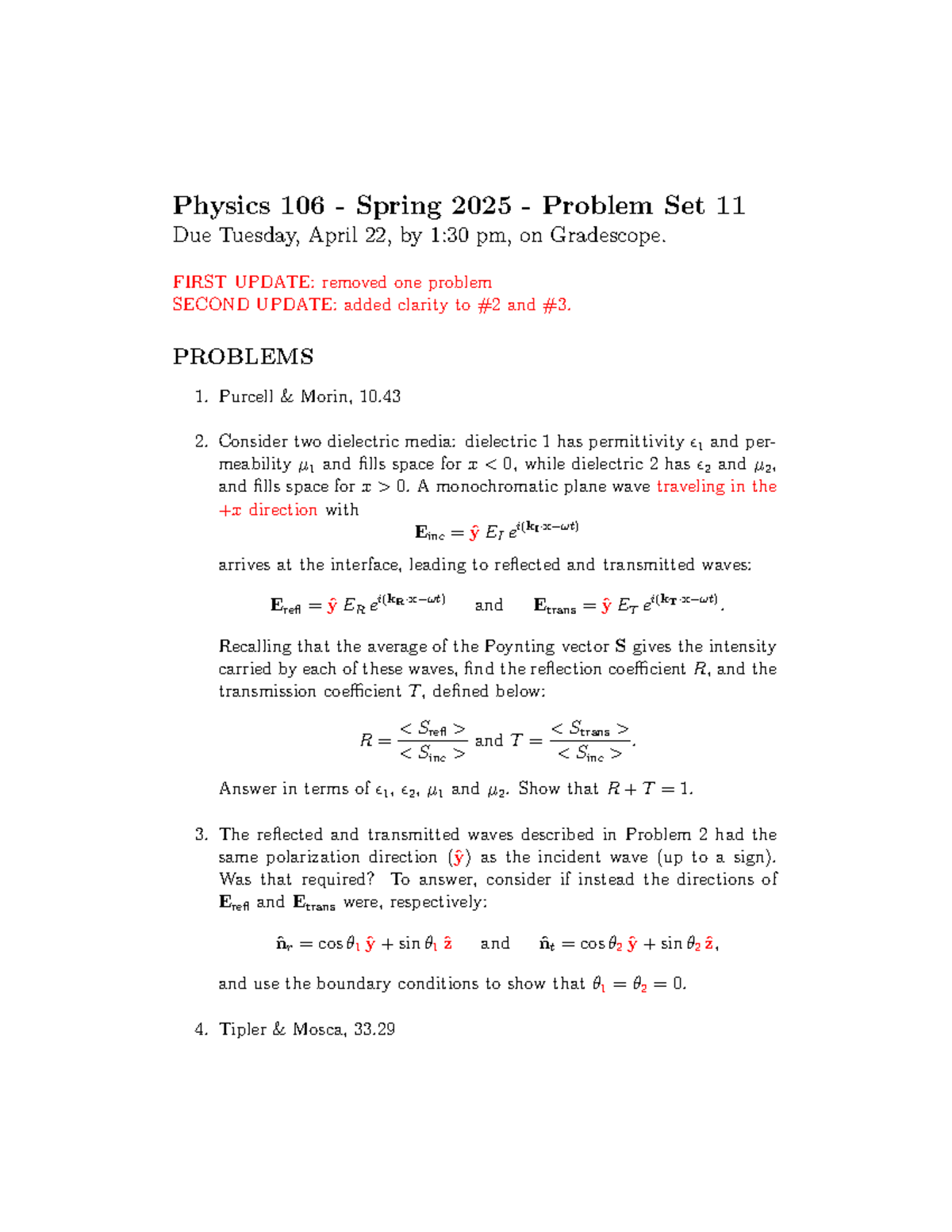 Physics 106 Spring 2025 Problem Set 11 - Updated Homework - Studocu