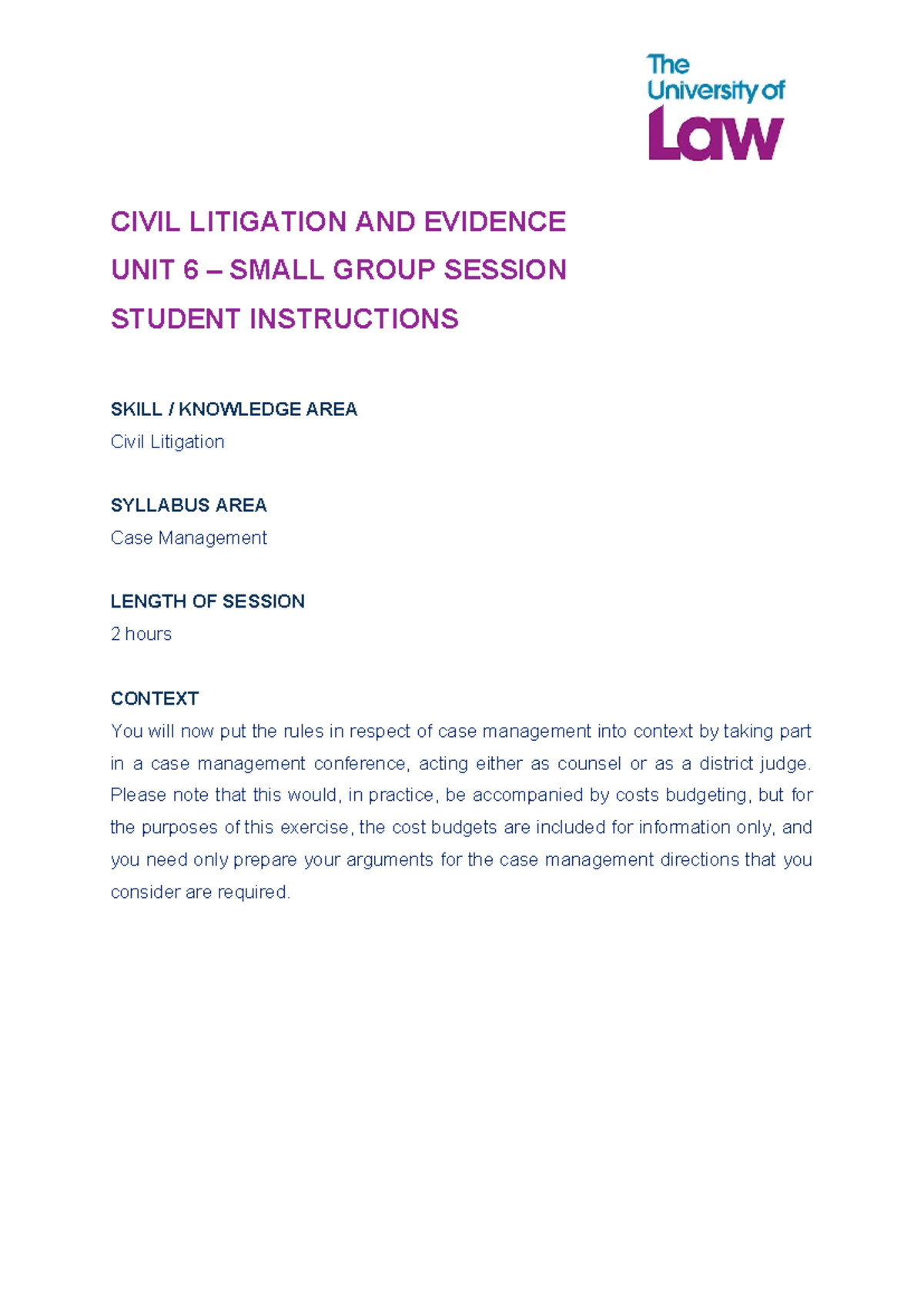 CIVIL LITIGATION UNIT 6: CASE MANAGEMENT CONFERENCE INSTRUCTIONS - Studocu