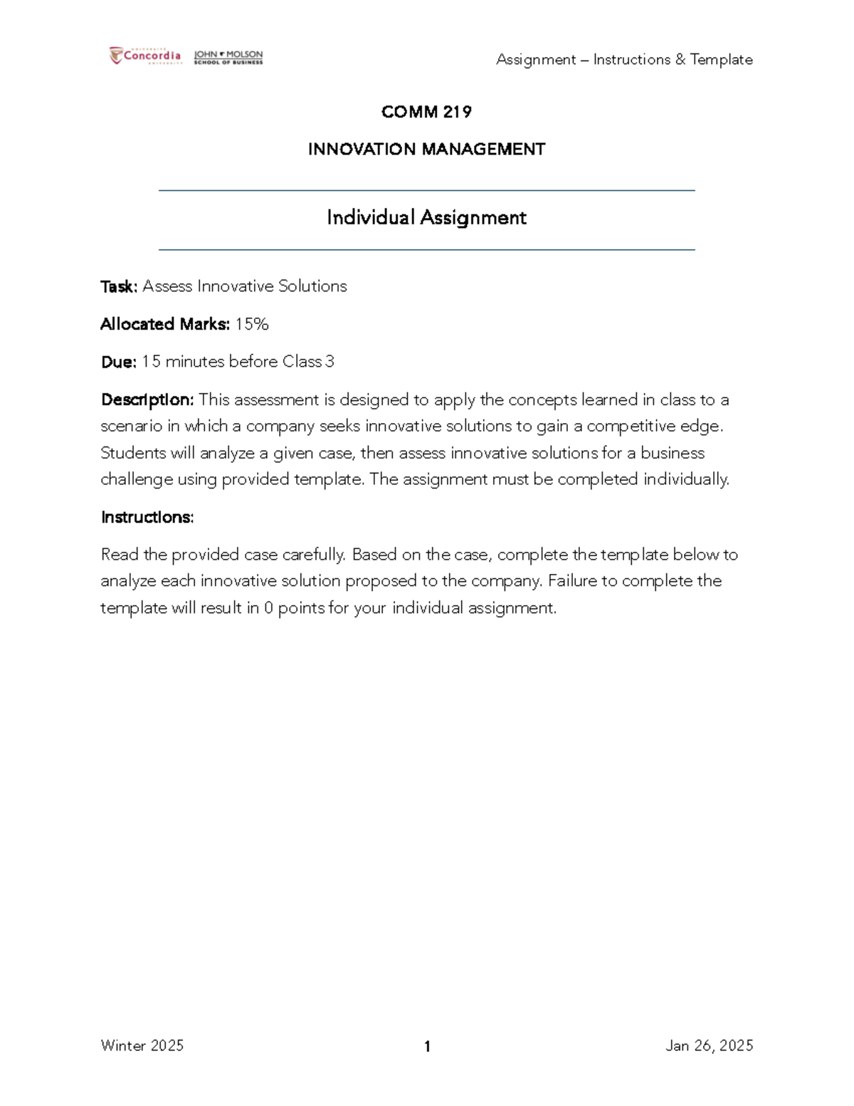 COMM 219 Individual Assignment: Assessing Innovative Solutions W2025 ...