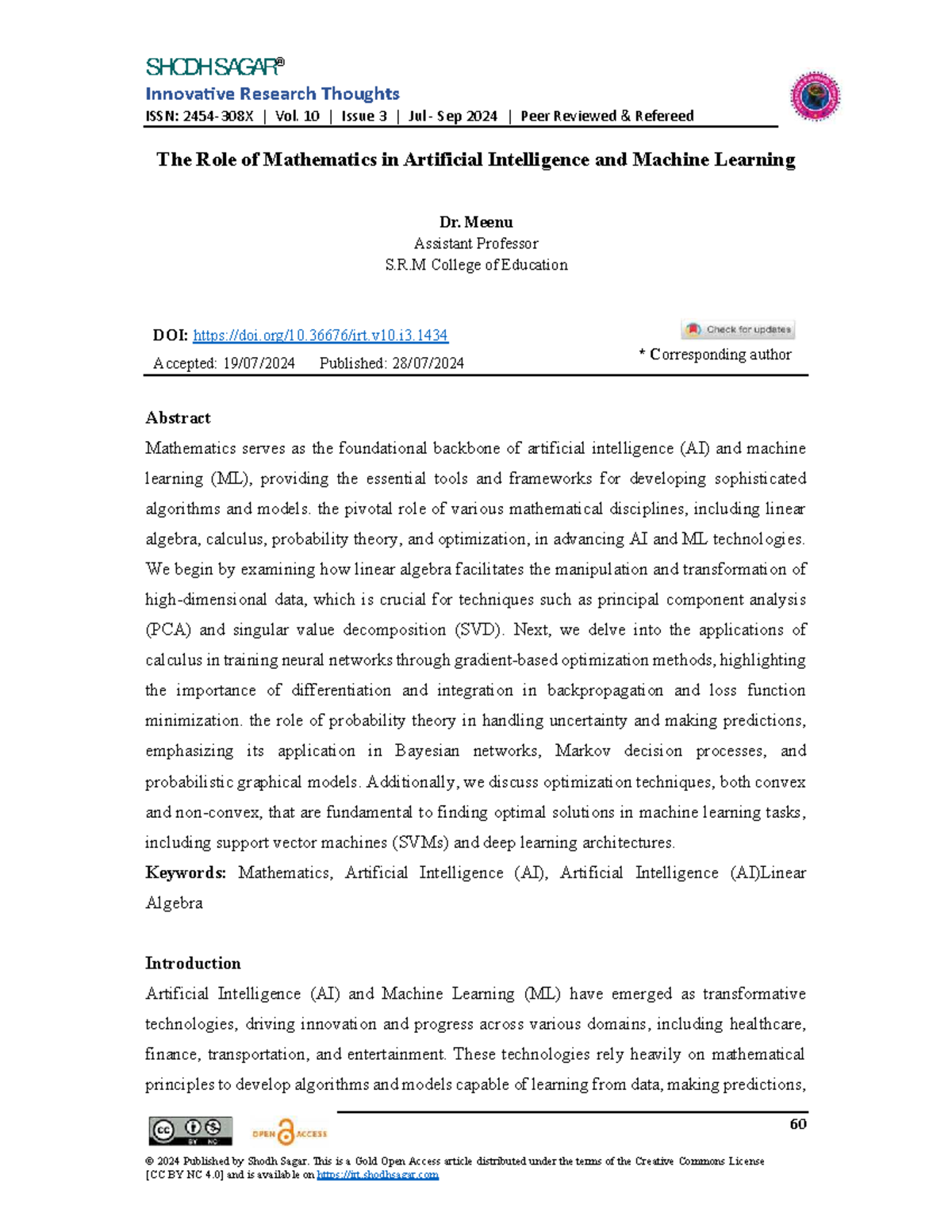 The Role of Mathematics in Artificial Intelligence - InnovaƟve Research ...