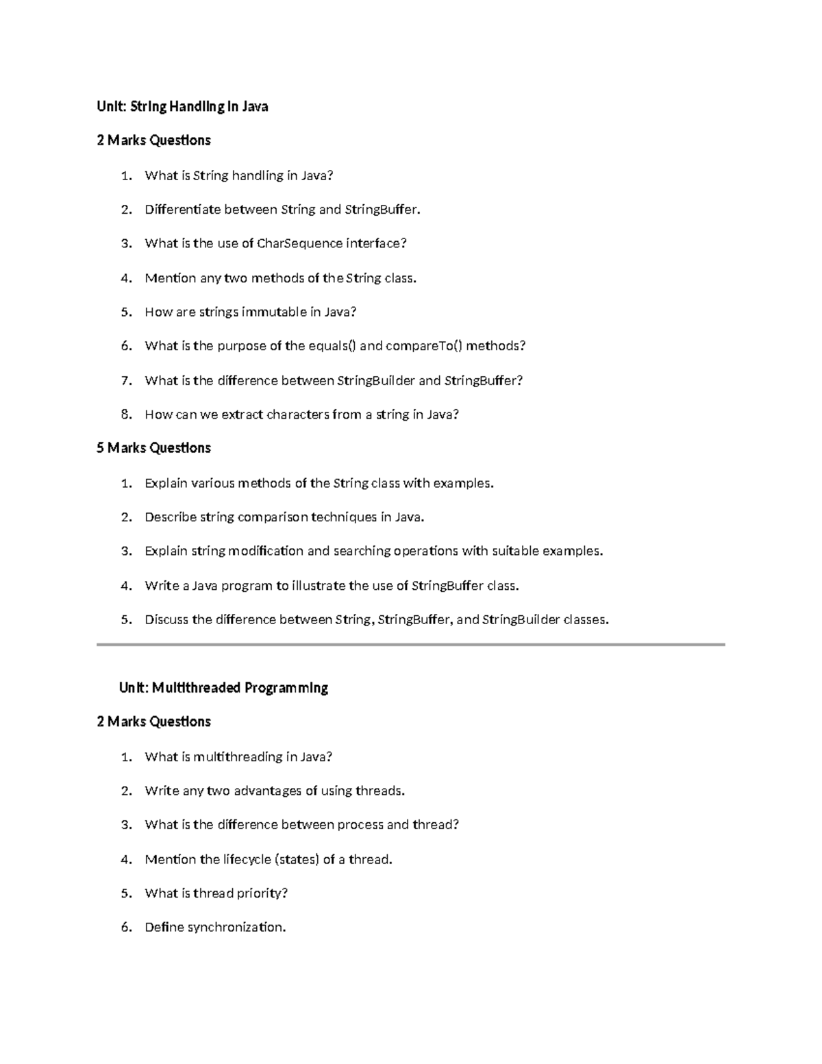Unit 5: Important Questions on Java String Handling, Multithreading ...