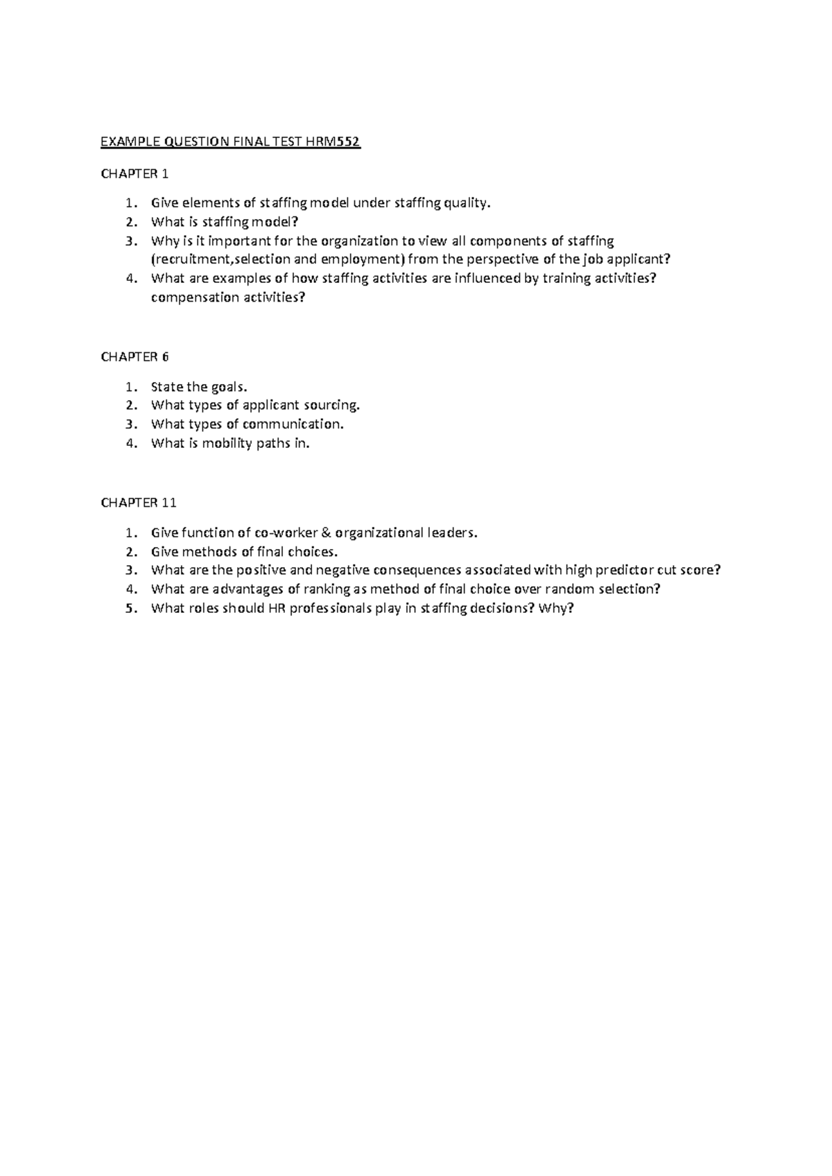 Example Questions for Final Test HRM552: Staffing Models & Practices ...
