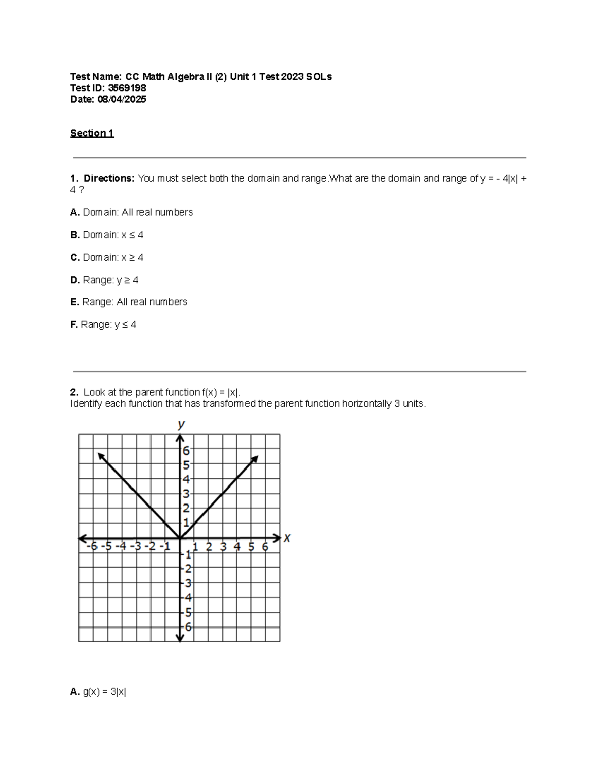 CC Math Algebra II Unit 1 Test 2023 - Studocu