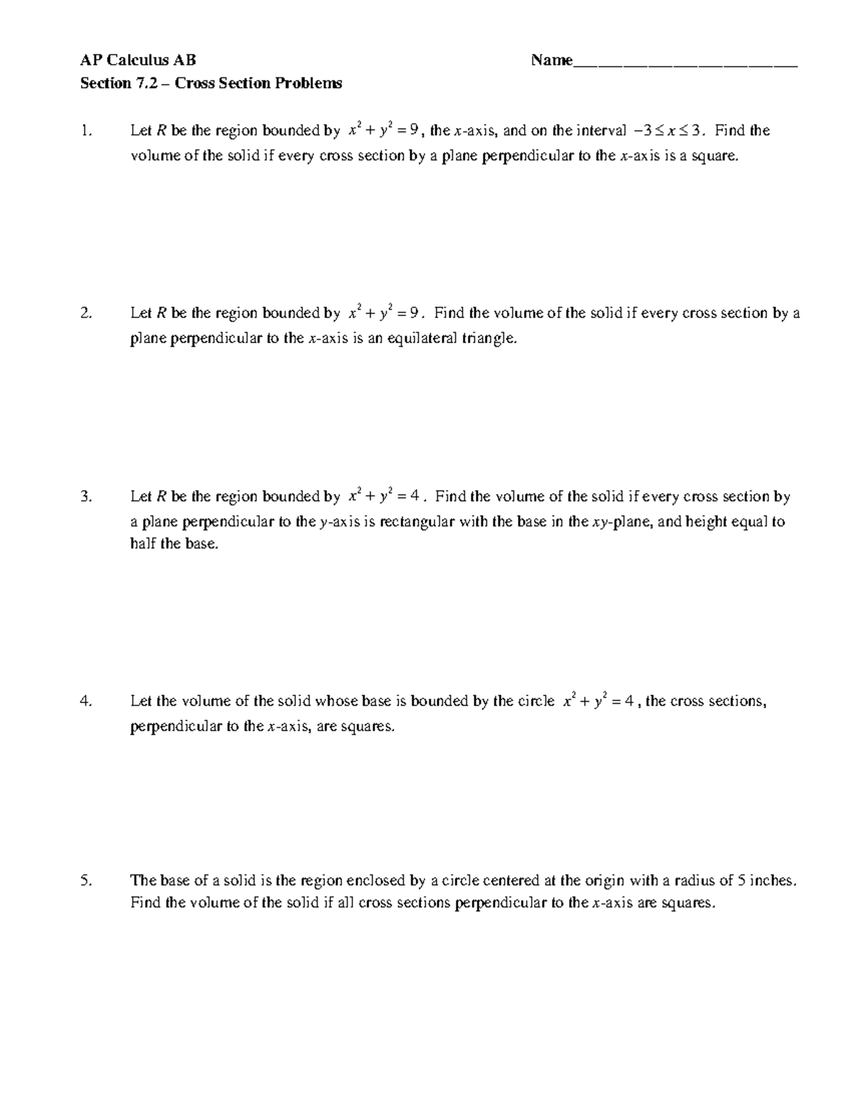 AP Calculus AB - Section 7.2 Cross Section Volume Problems - Studocu