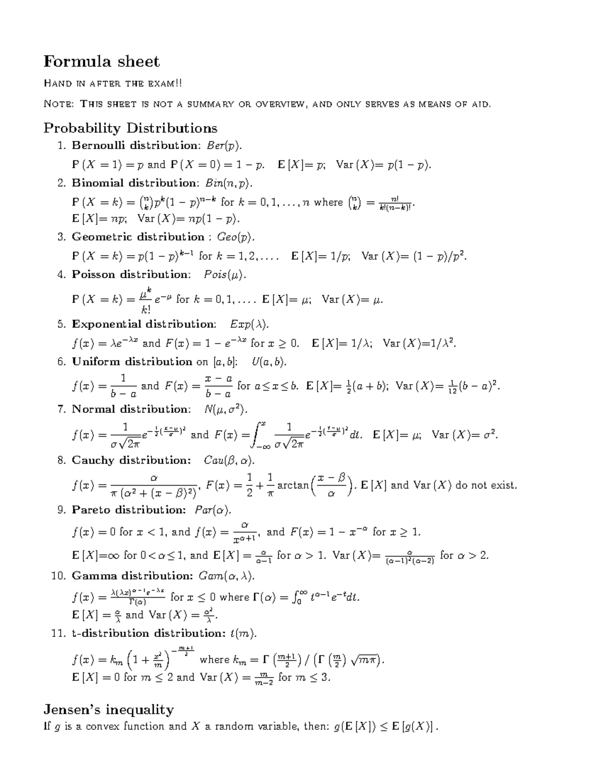 Probability & Statistics Formula Sheet for Exam Preparation - Studeersnel