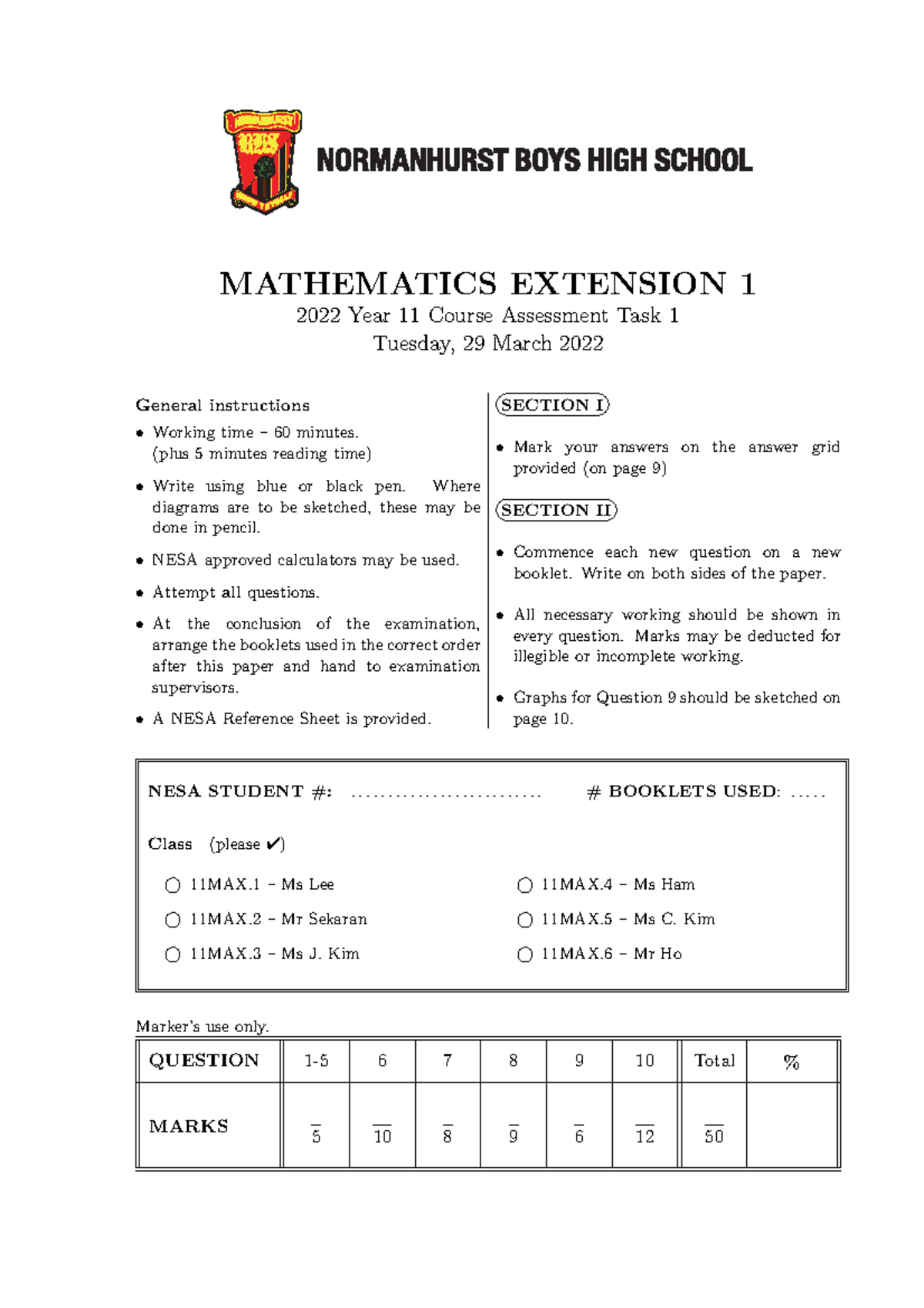 2022 Year 11 Mathematics Extension 1 Assessment Task 1 Questions ...