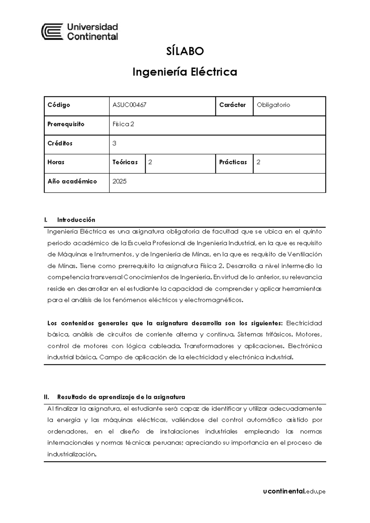 Sílabo de Ingeniería Eléctrica ASUC00467 - Año Académico 2025 - Document Preview