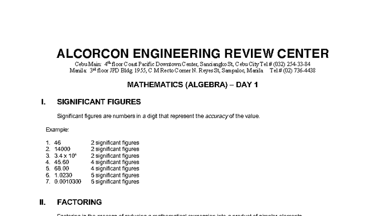 ALCORCON MATH HANDOUT: ALGEBRA DAY 1 REVIEW - Studocu