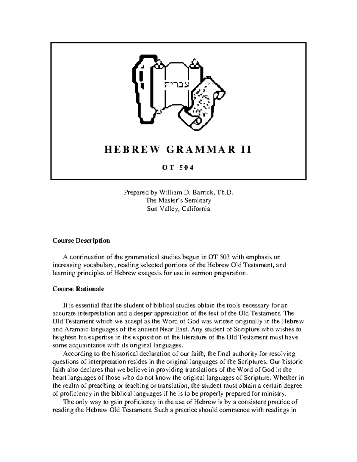 Hebrew Grammar II OT 504: Advanced Studies in Biblical Hebrew - Studocu