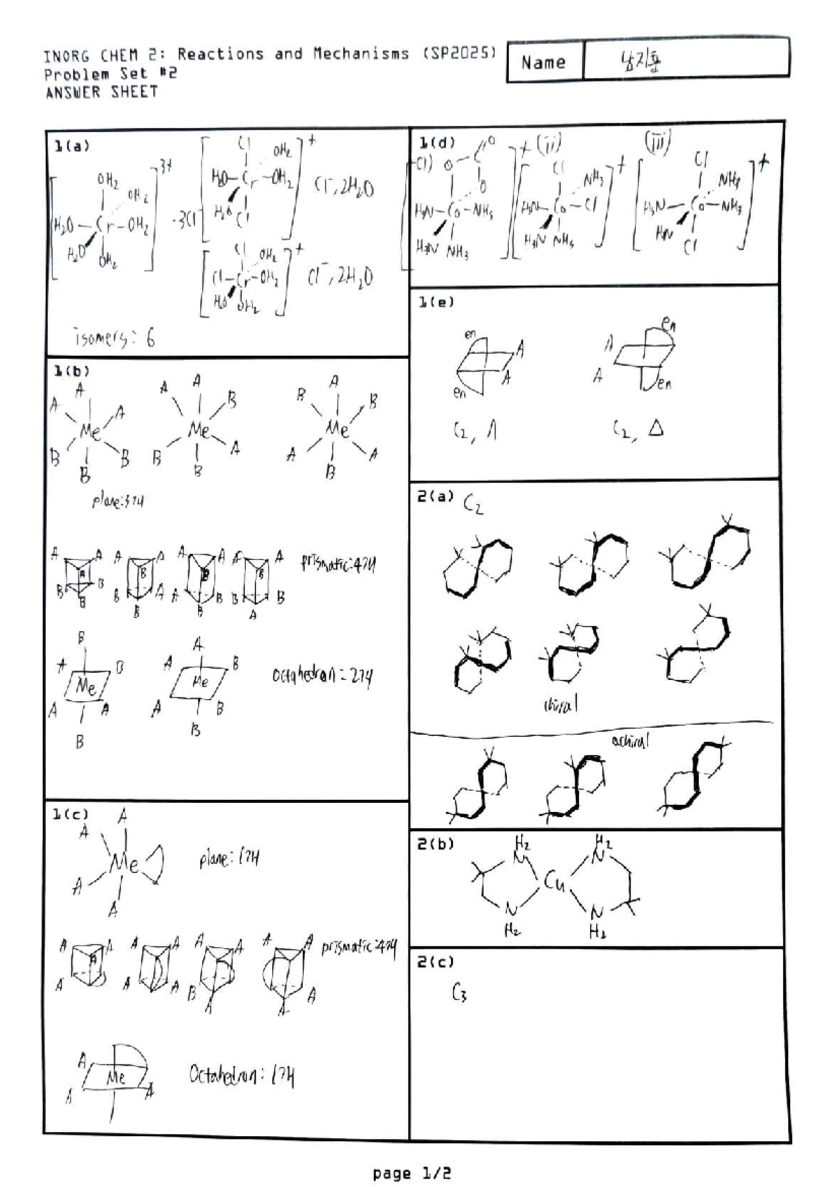 INORG CHEM 2: Reactions & Mechanisms Problem Set ANSWER SHEET (SP2025 ...