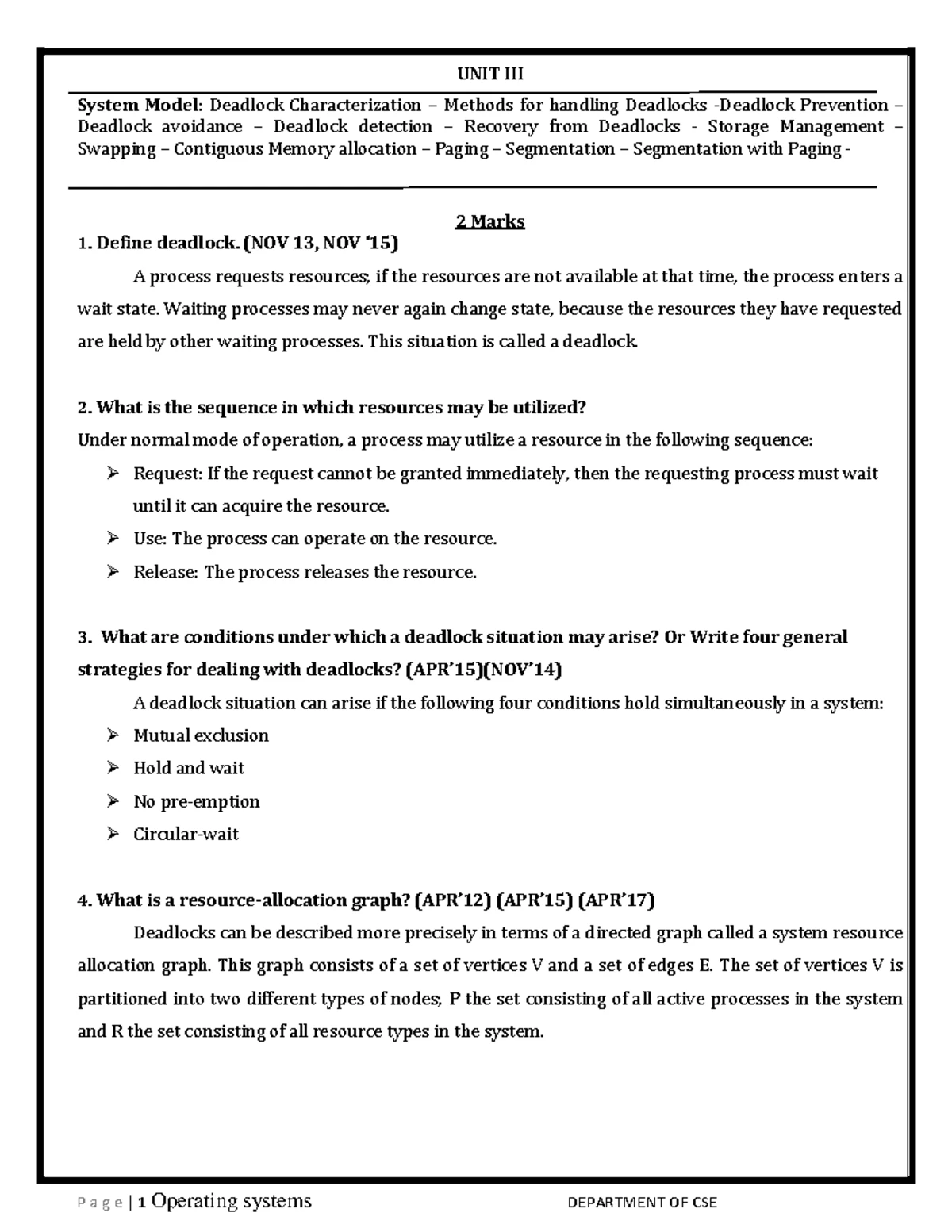 CS T51 - Operating Systems Unit I to V Notes and Concepts - Studocu