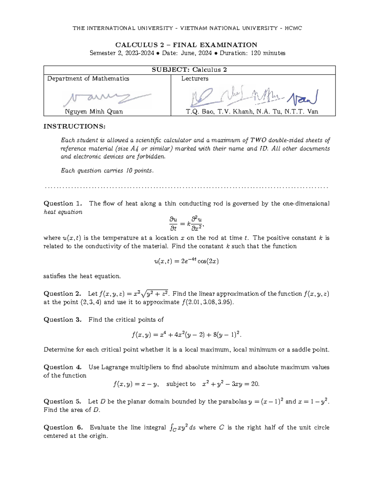 Calculus 2 (MA003IU) Final Exam - Semester 2, June 2024 - Studocu