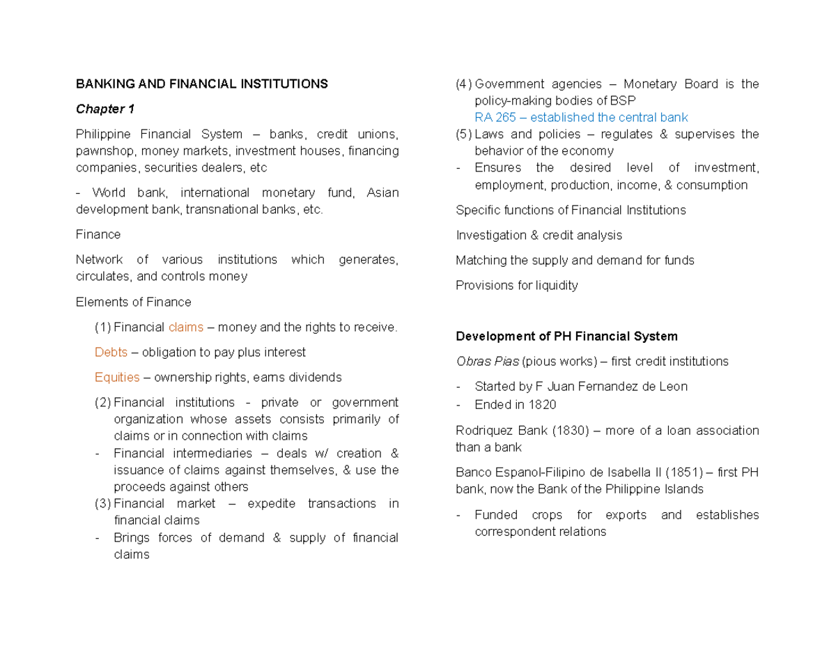 BFI Midterm Study Notes: The Philippine Financial System Overview - Studocu