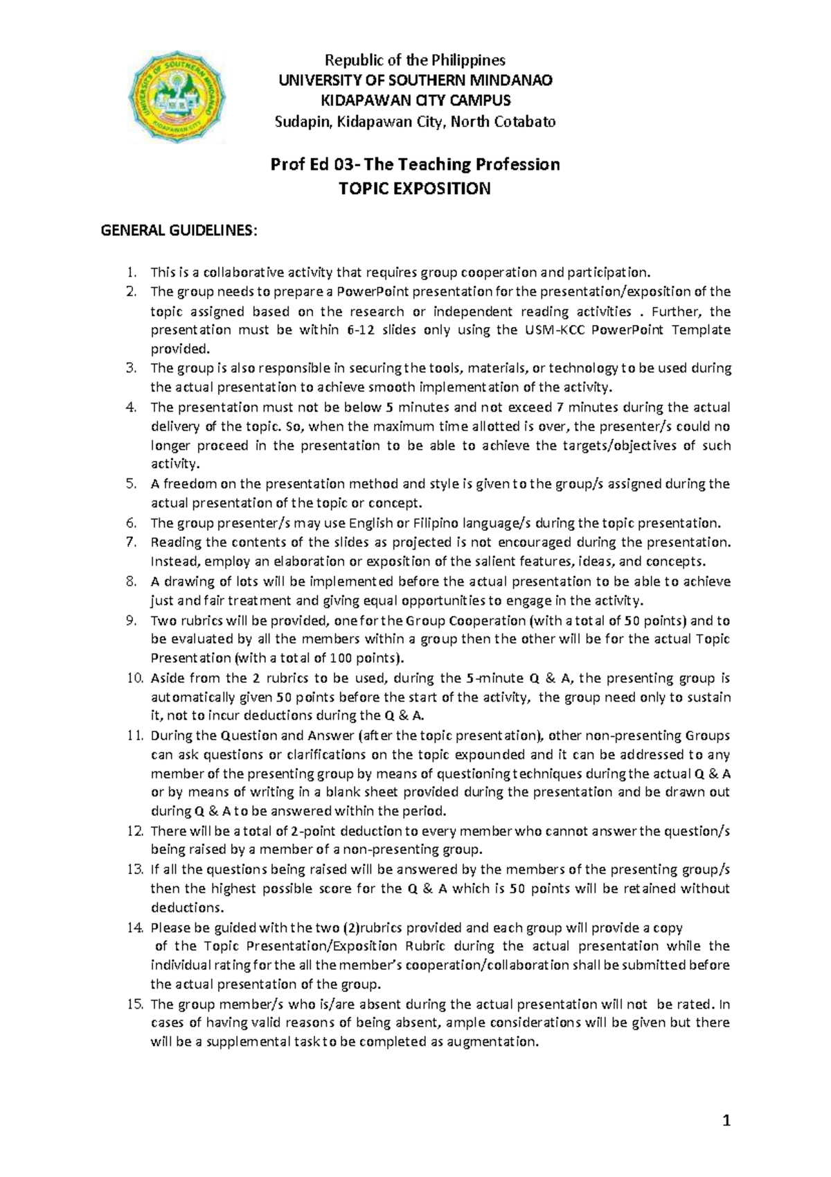 Prof Ed 03: Topic Presentation Exposition Guidelines & Rubrics 2025 ...