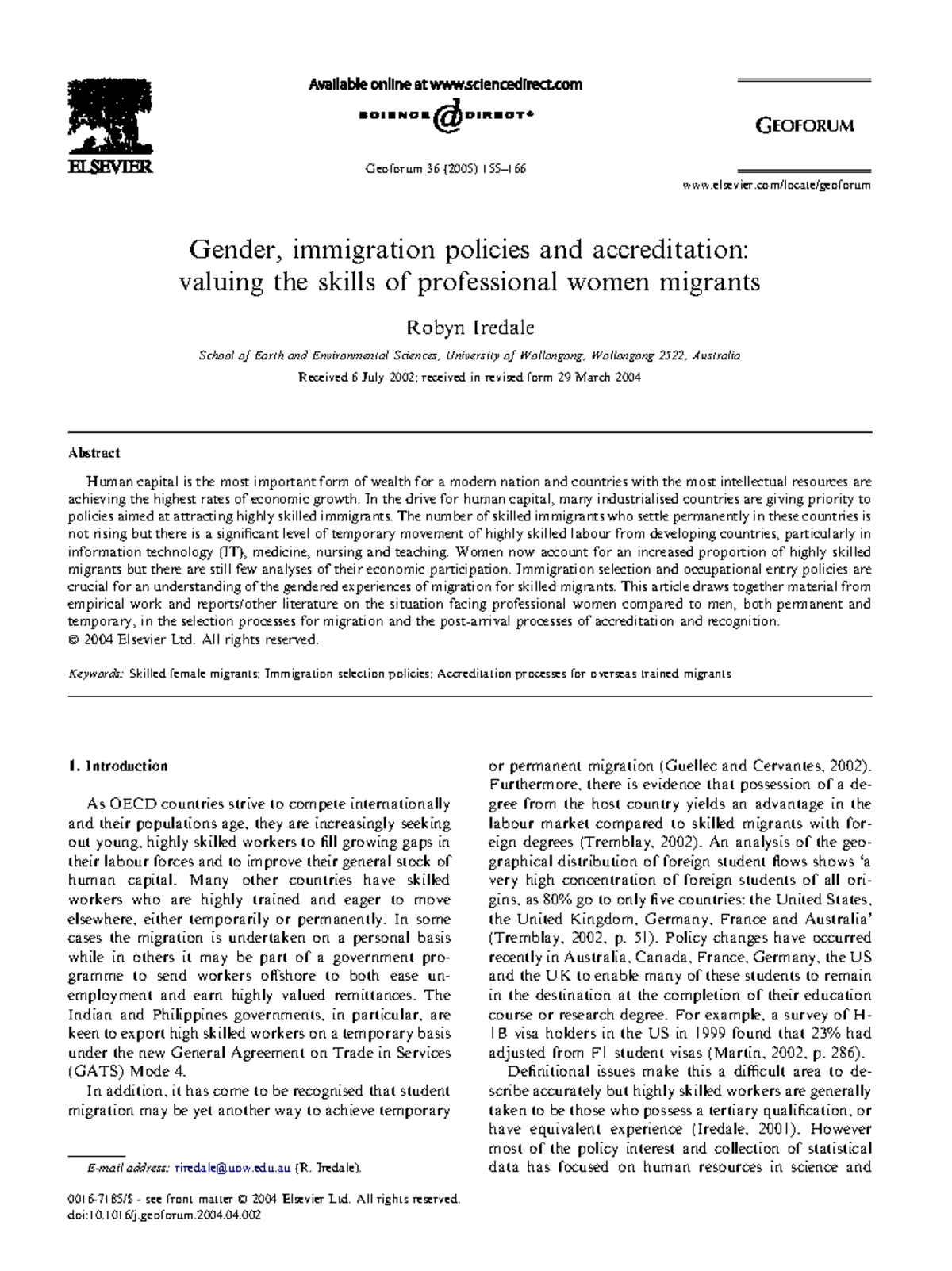 Iredale 2005 - Gendered Experiences of Skilled Migration and ...
