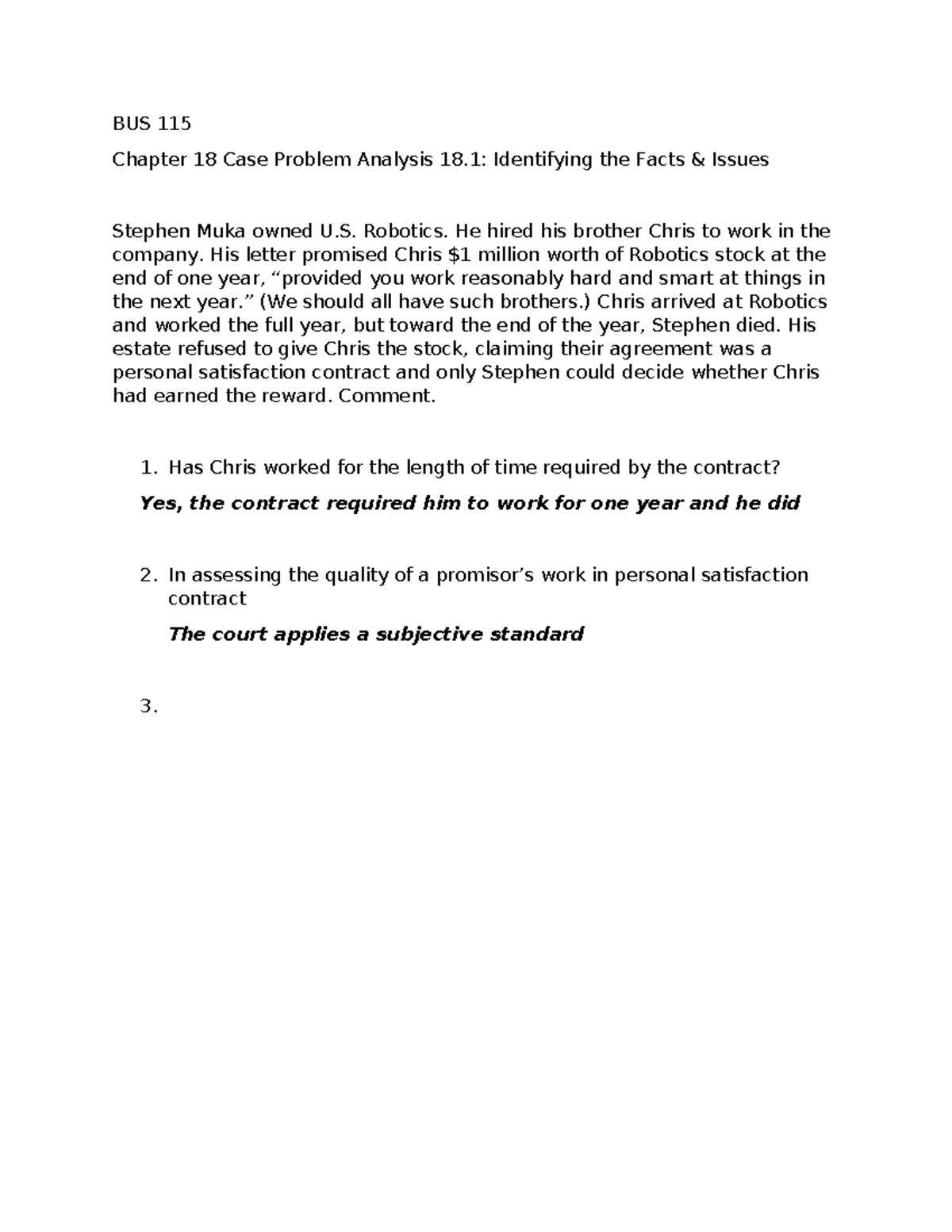 BUS 115 Chapter 18 Case Problem Analysis 18 - BUS 115 Chapter 18 Case ...