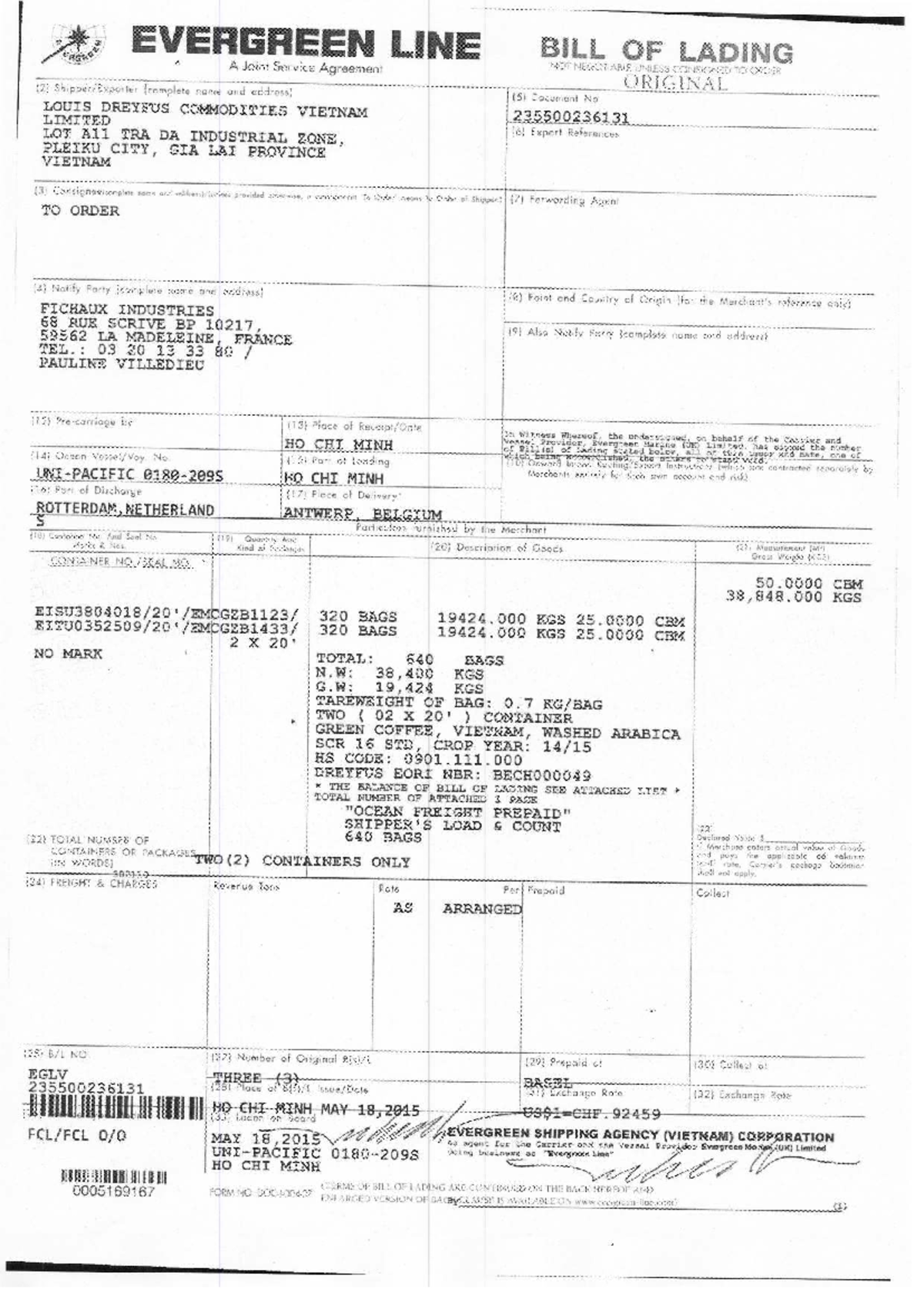 ERGREEN EGLV235500236131 Bill of Lading for Green Coffee Shipment - Studocu