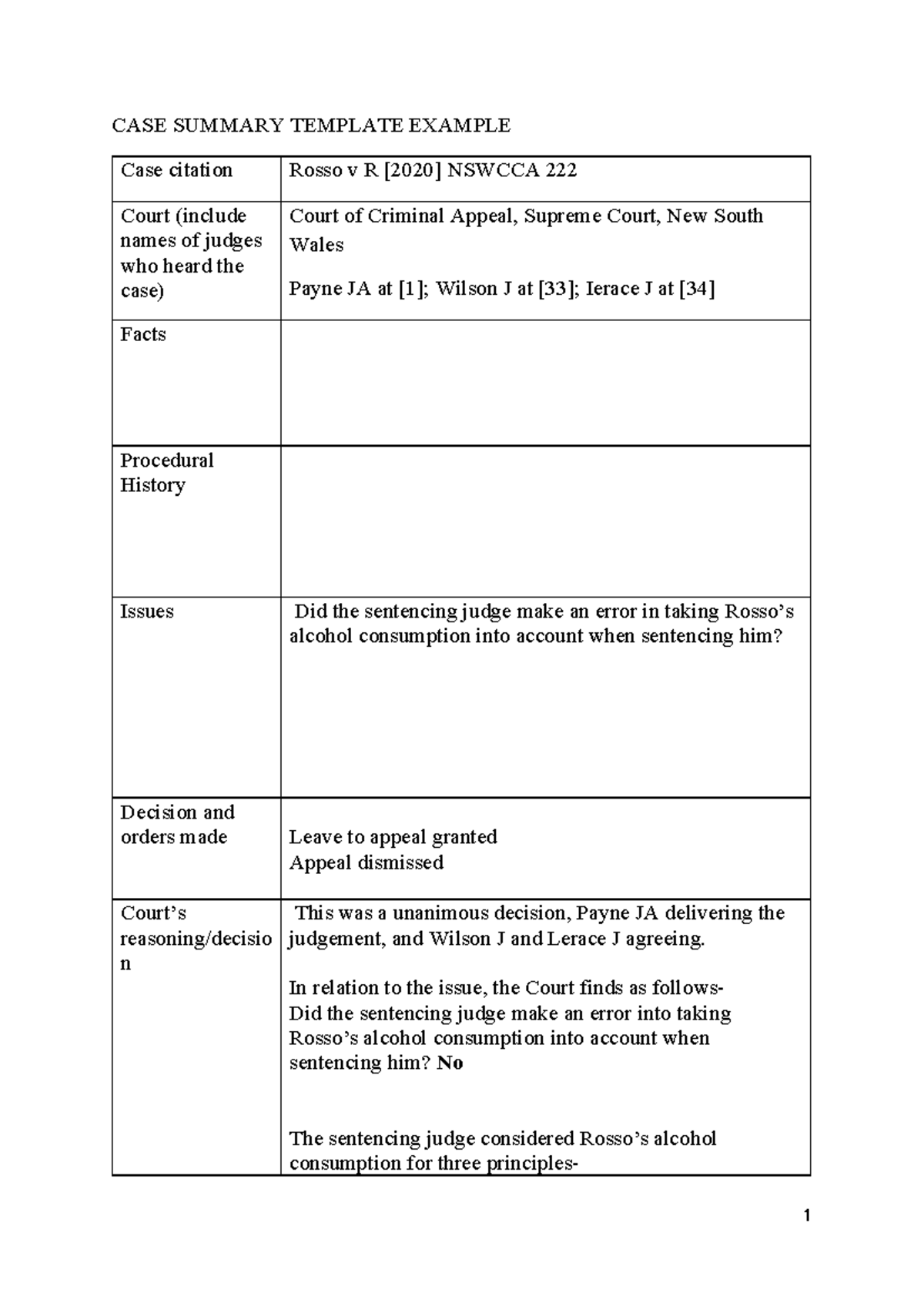 Case summary template example for laws2004/1003 materials - Studocu