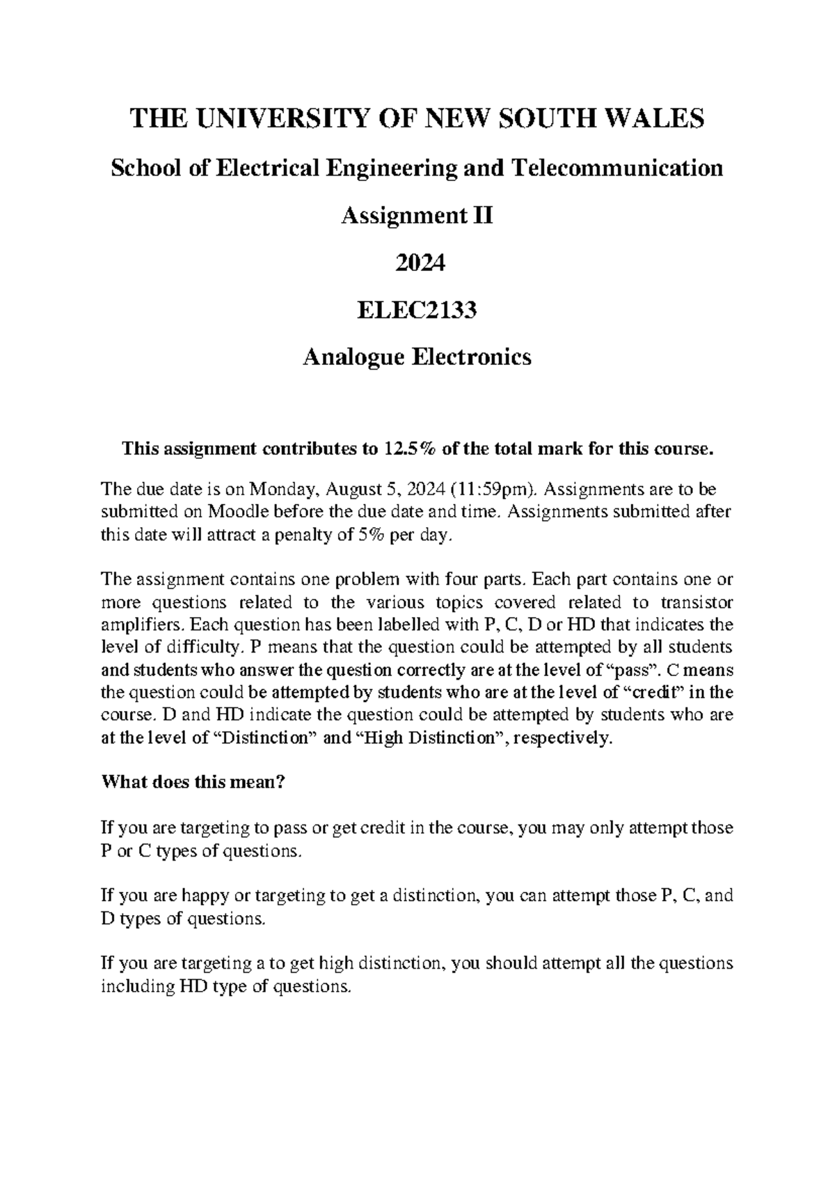ELEC 2024 Assignment II: Analogue Electronics Problems & Questions ...