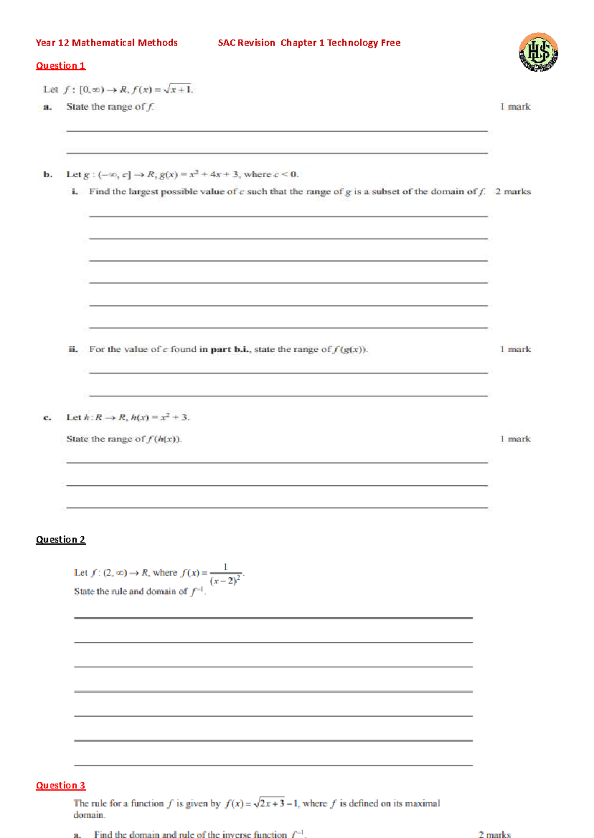 Copy of Chapter 1 Tech Free - Unit 3/4 - Year 12 Mathematical Methods ...
