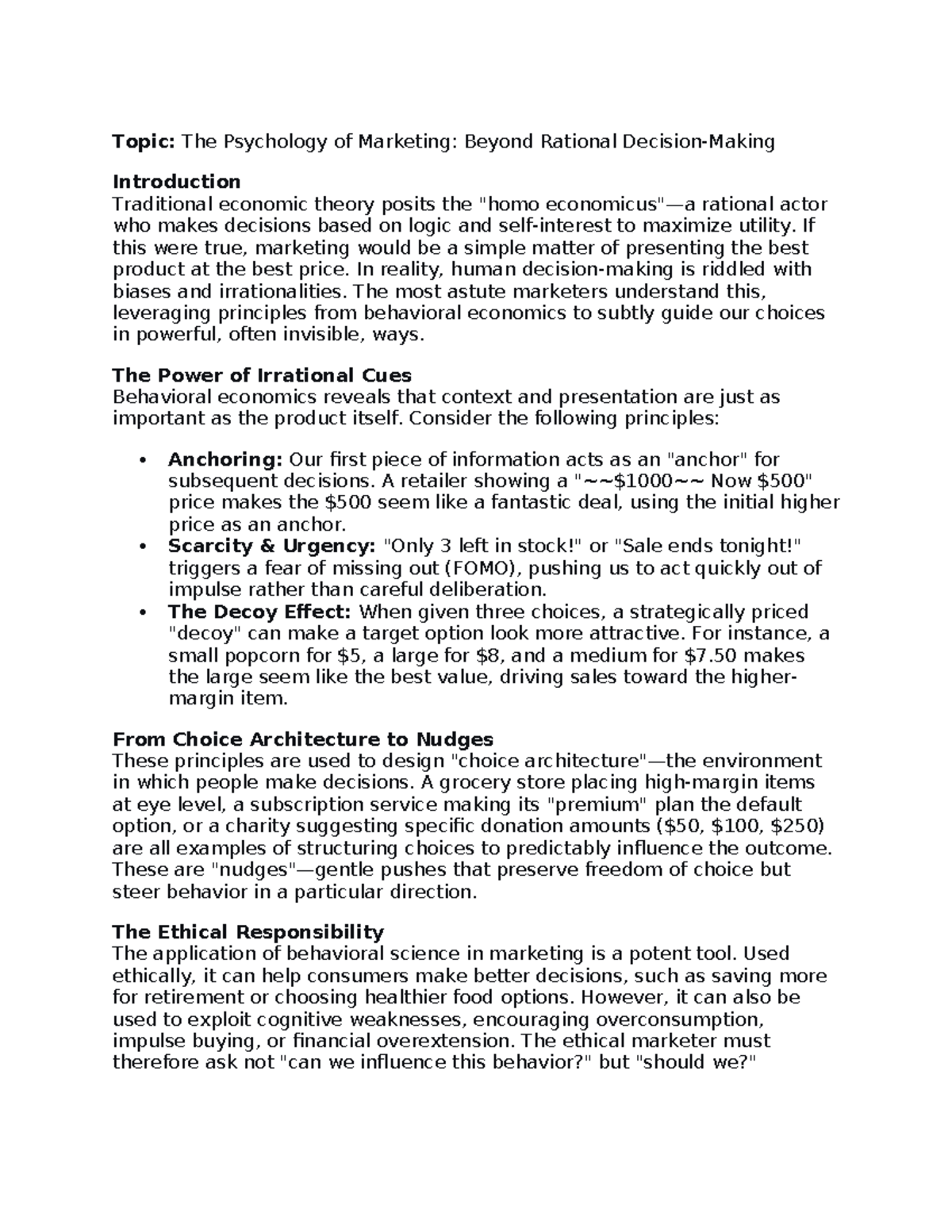 PSY 201 - Assignment 3: The Psychology of Marketing and Behavioral ...