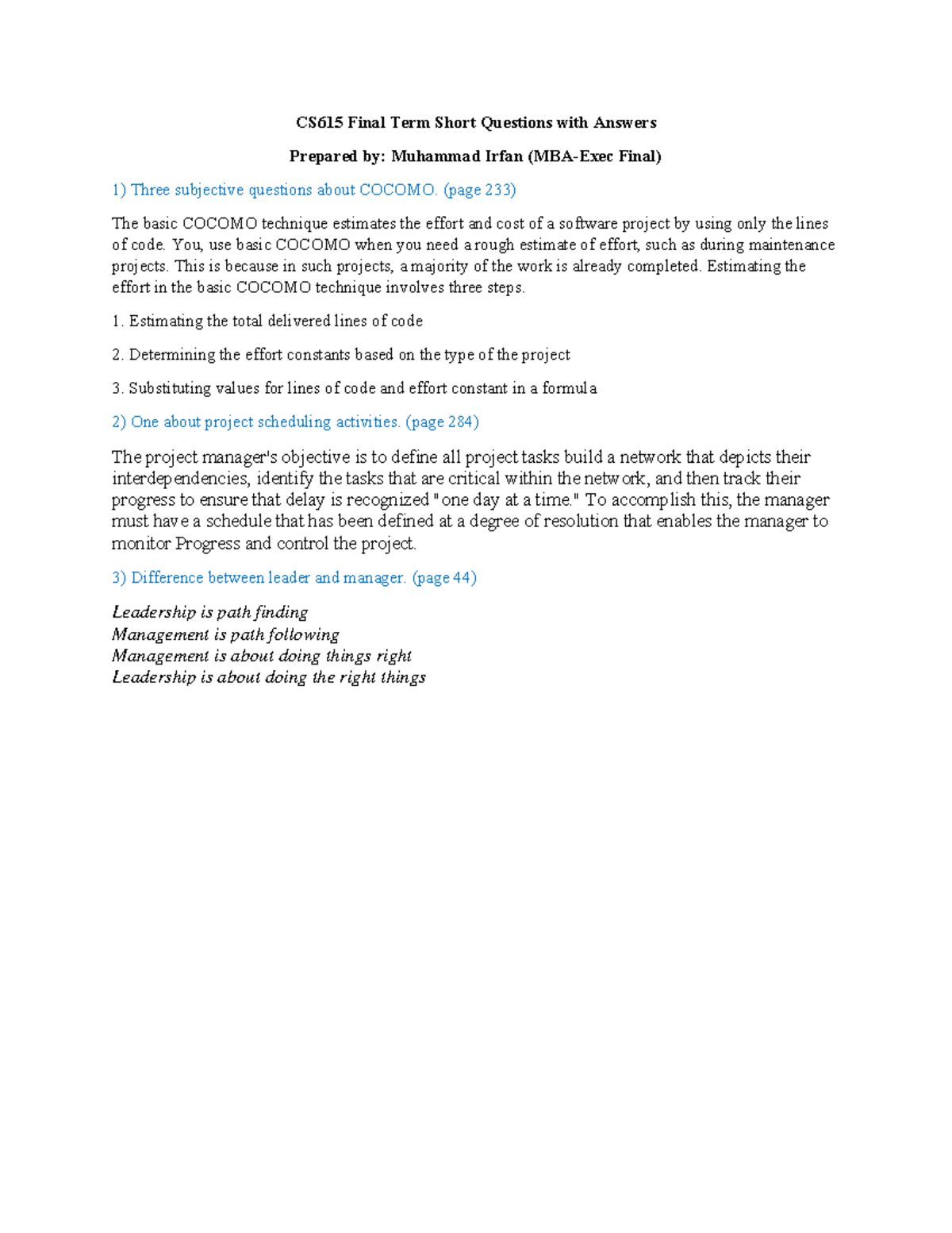 CS615 Final Term Short Questions and Answers Guide - Studocu