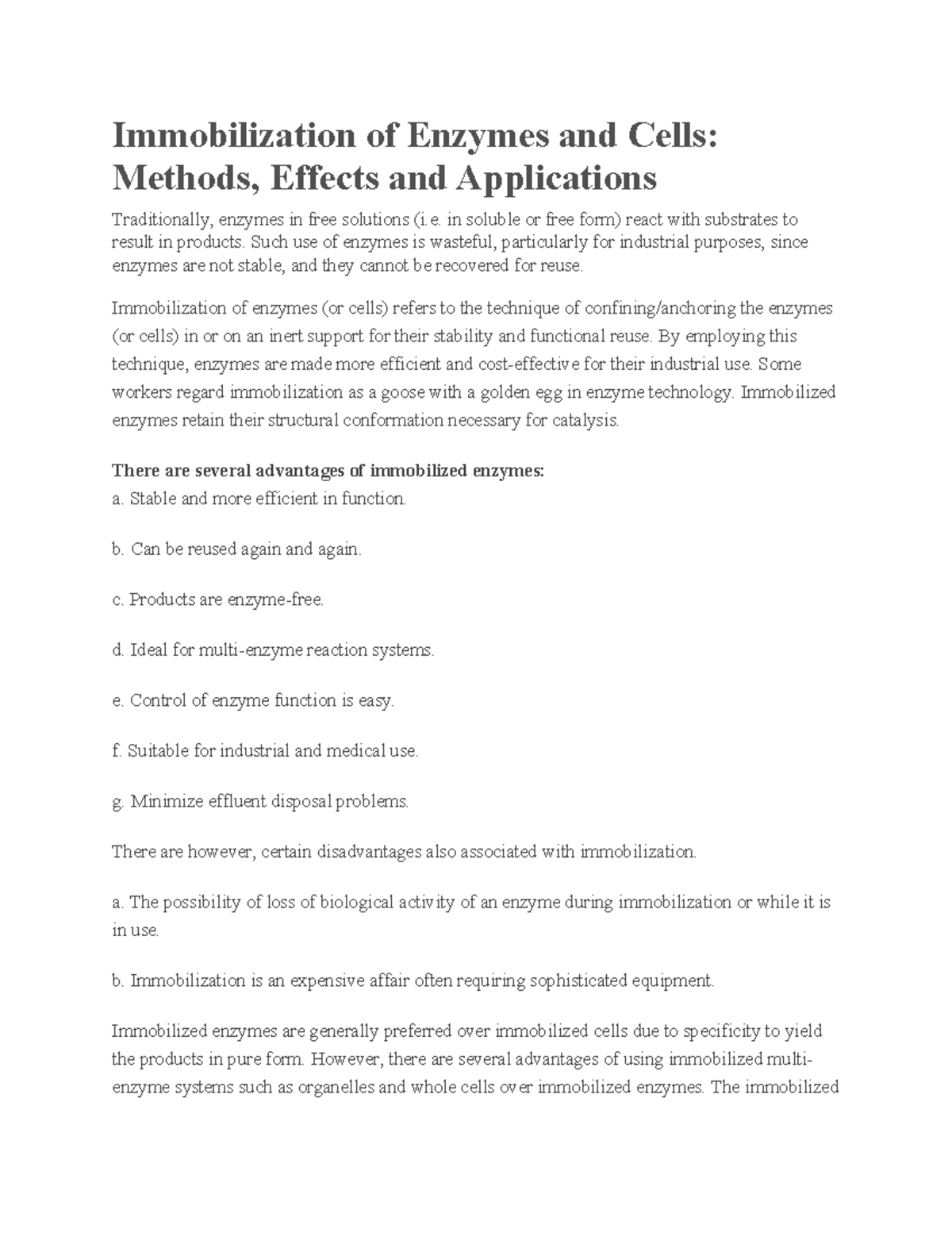 Methods and Applications of Enzyme and Cell Immobilization (BIO 101 ...