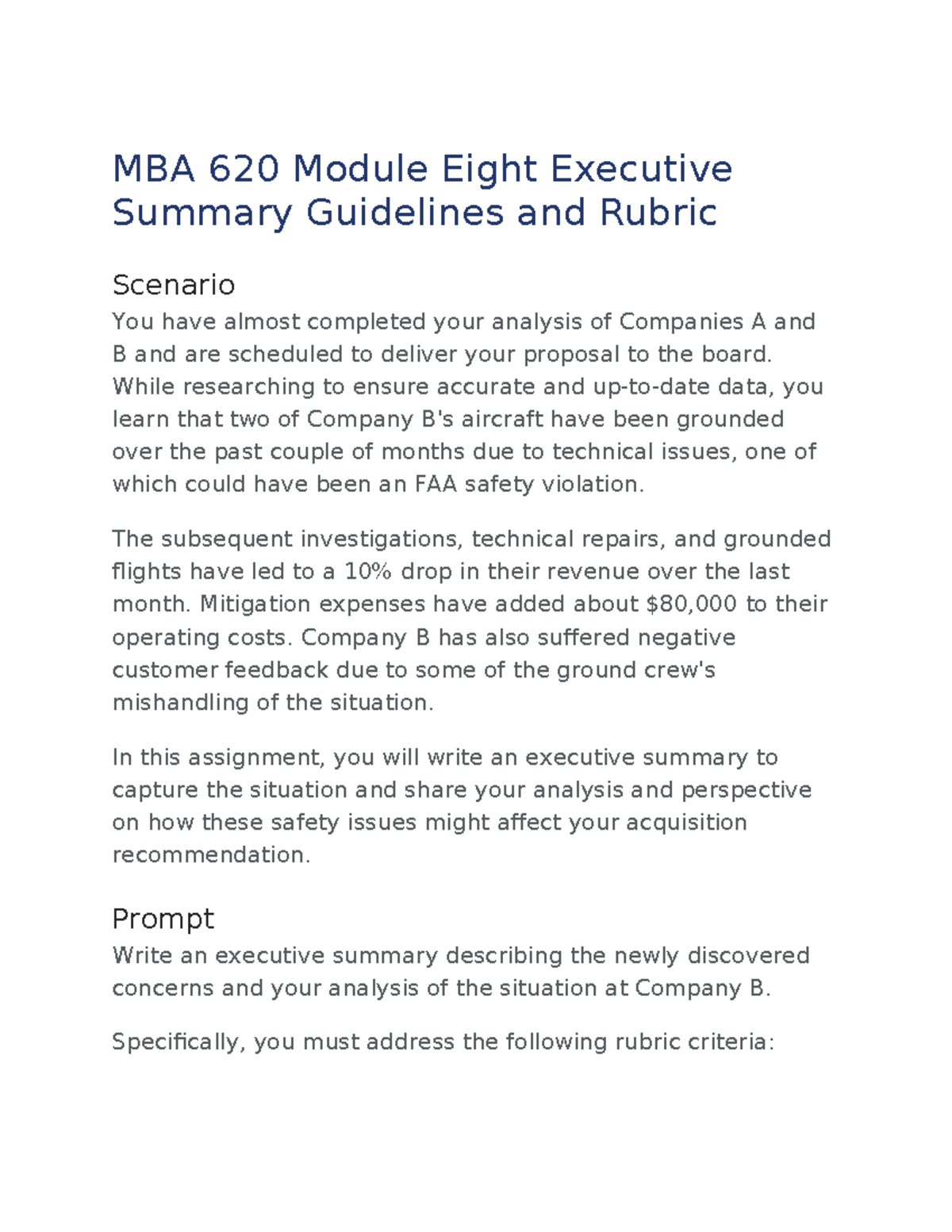 MBA 620 Module Eight Exec Summary: Analysis of Company B Issues - Studocu