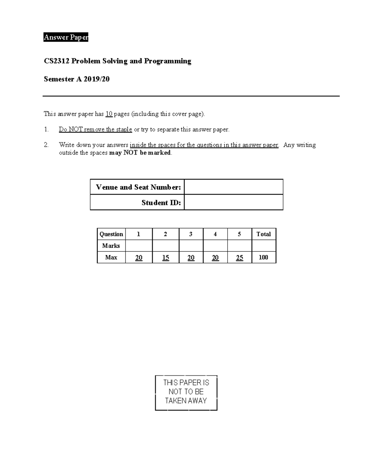 Cs2312 201920A Exam Ans Sheet - Answer Paper CS2312 Problem Solving and ...