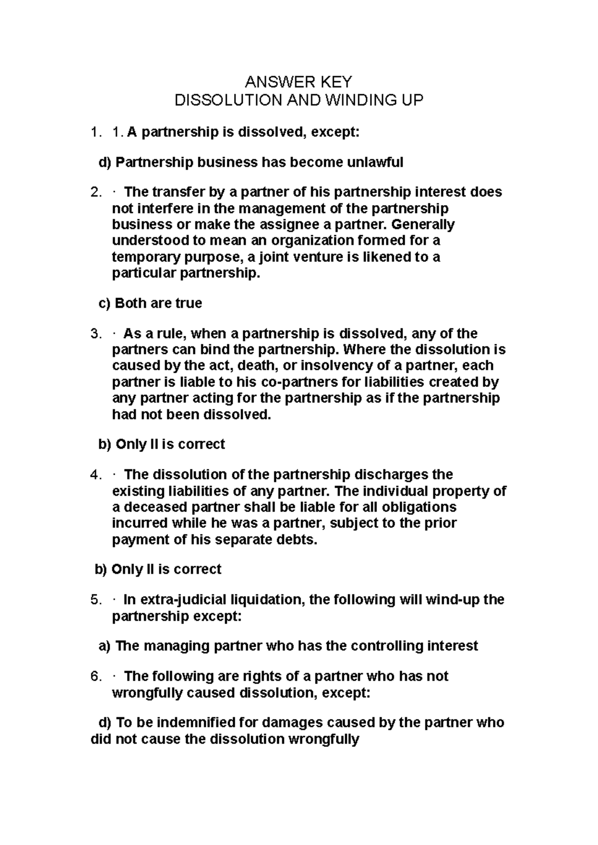 Answer KEY FOR Winding UP AND Dissolution - ANSWER KEY DISSOLUTION AND ...
