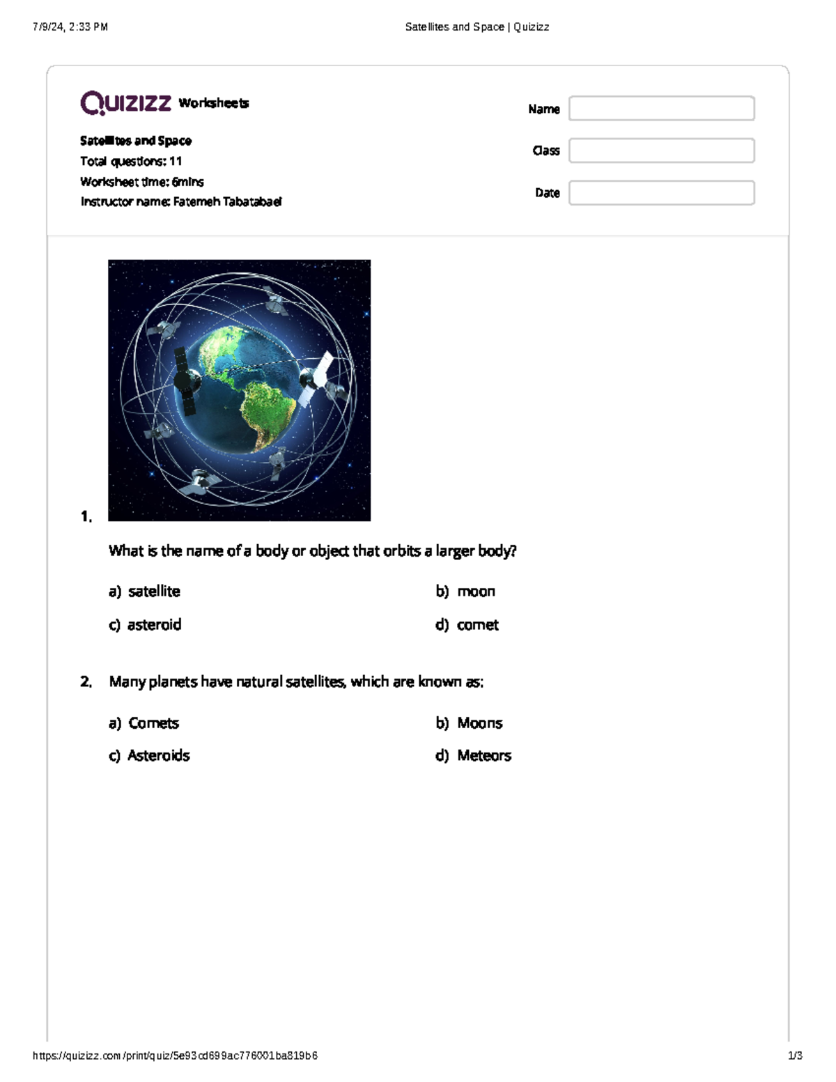 Satellites and Space Quizizz - Worksheet Questions and Answers - Studocu