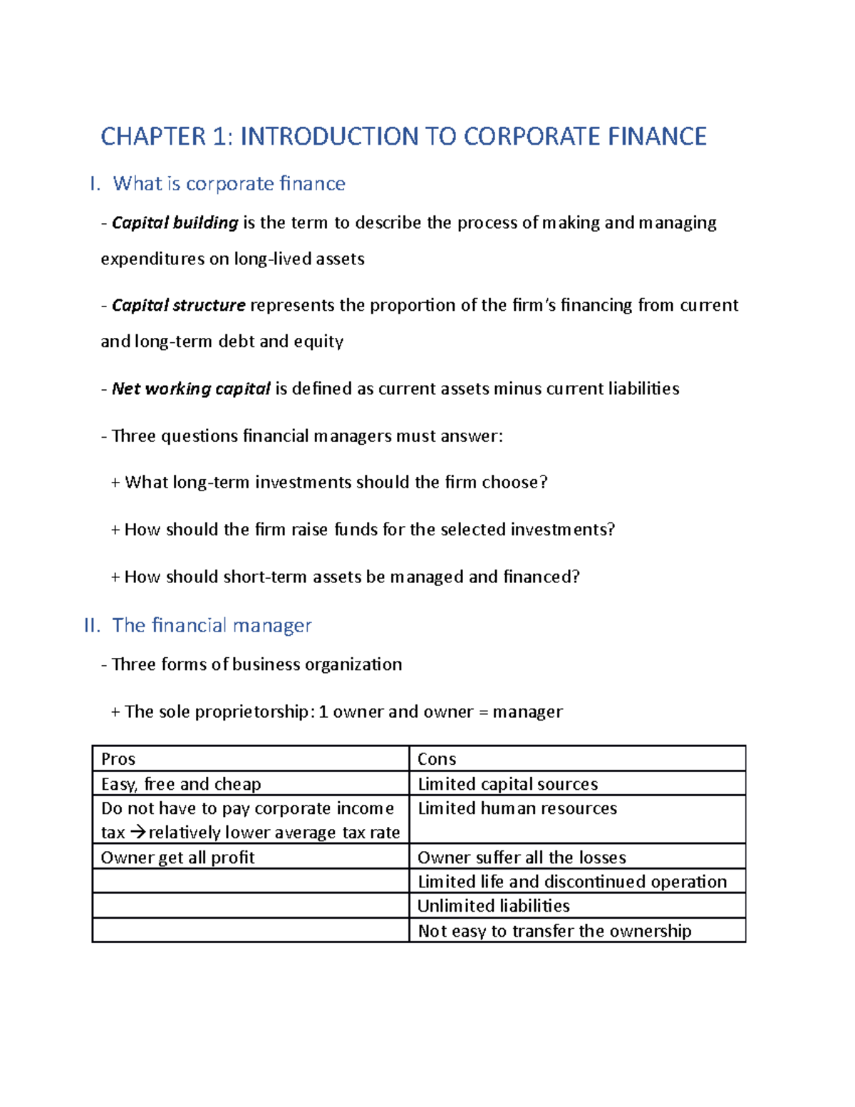 Chapter 1 - CHAPTER 1: INTRODUCTION TO CORPORATE FINANCE I. What is ...