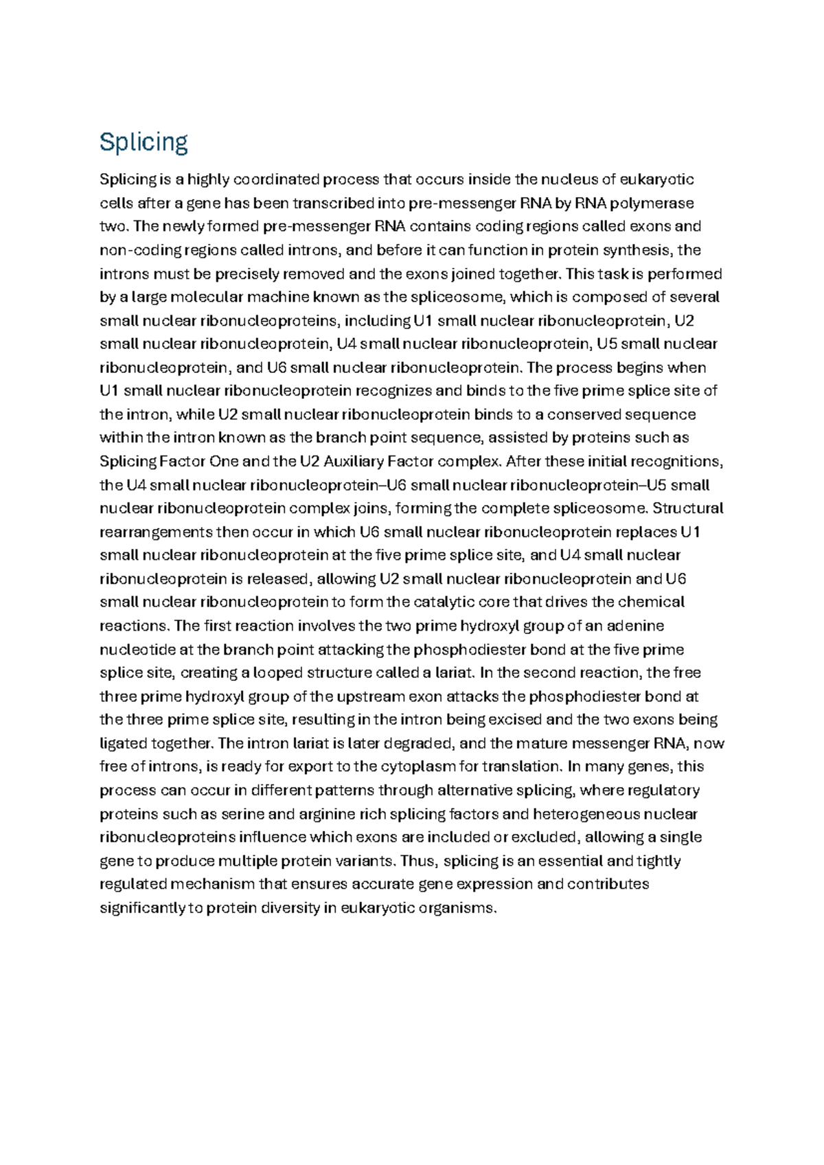 Molecular Mechanisms of Splicing in Eukaryotic Cells - Studocu