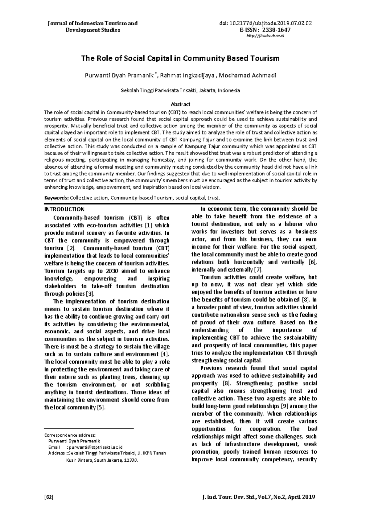 The Role of Social Capital in Community-Based Tourism (CBT) - J. Ind ...