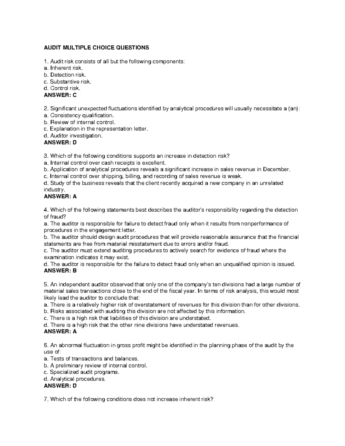 AUDIT 101: Multiple Choice Questions on Audit Risk and Procedures - Studocu